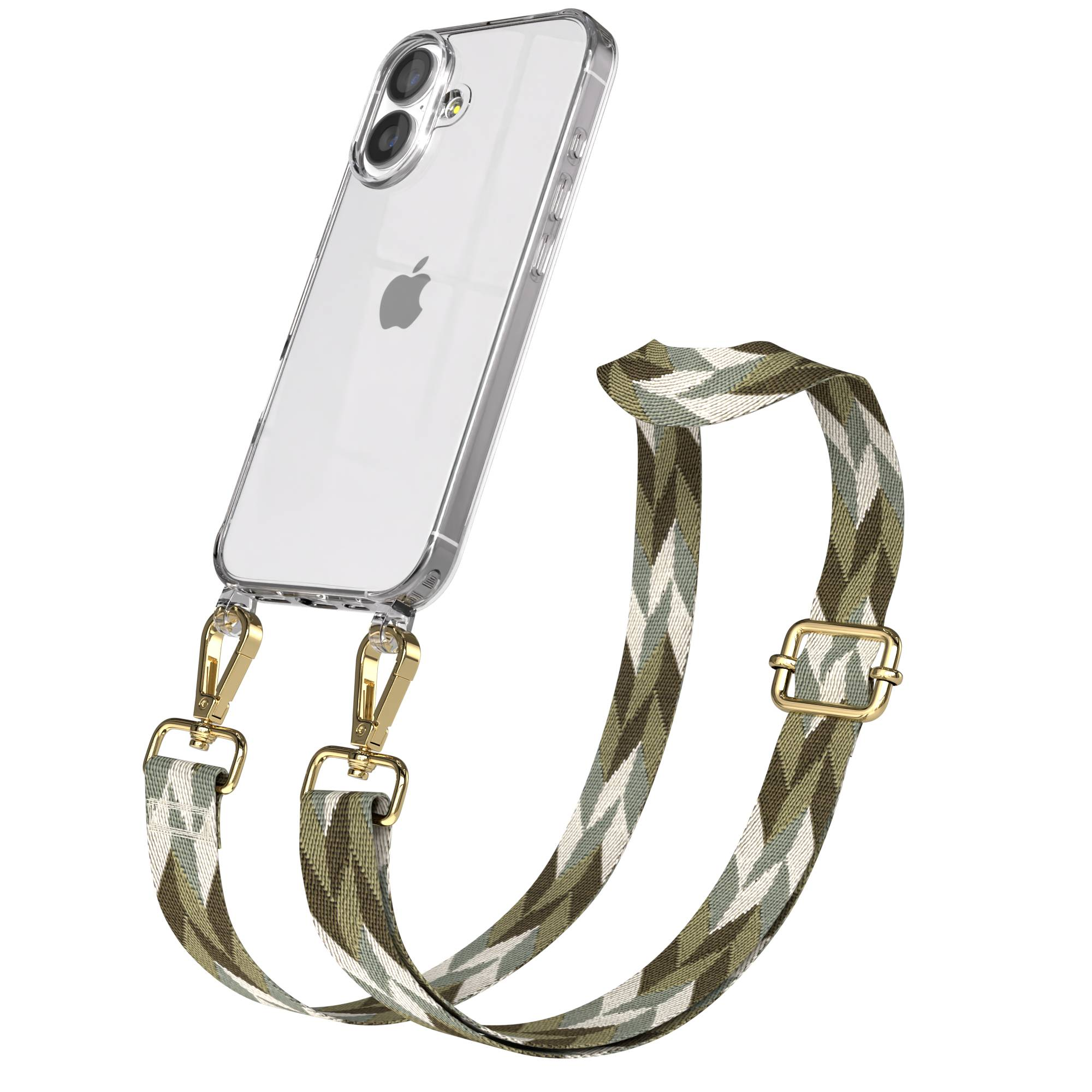 Ein klares iPhone mit einem Camouflage-Trageriemen und goldenen Verschlüssen.