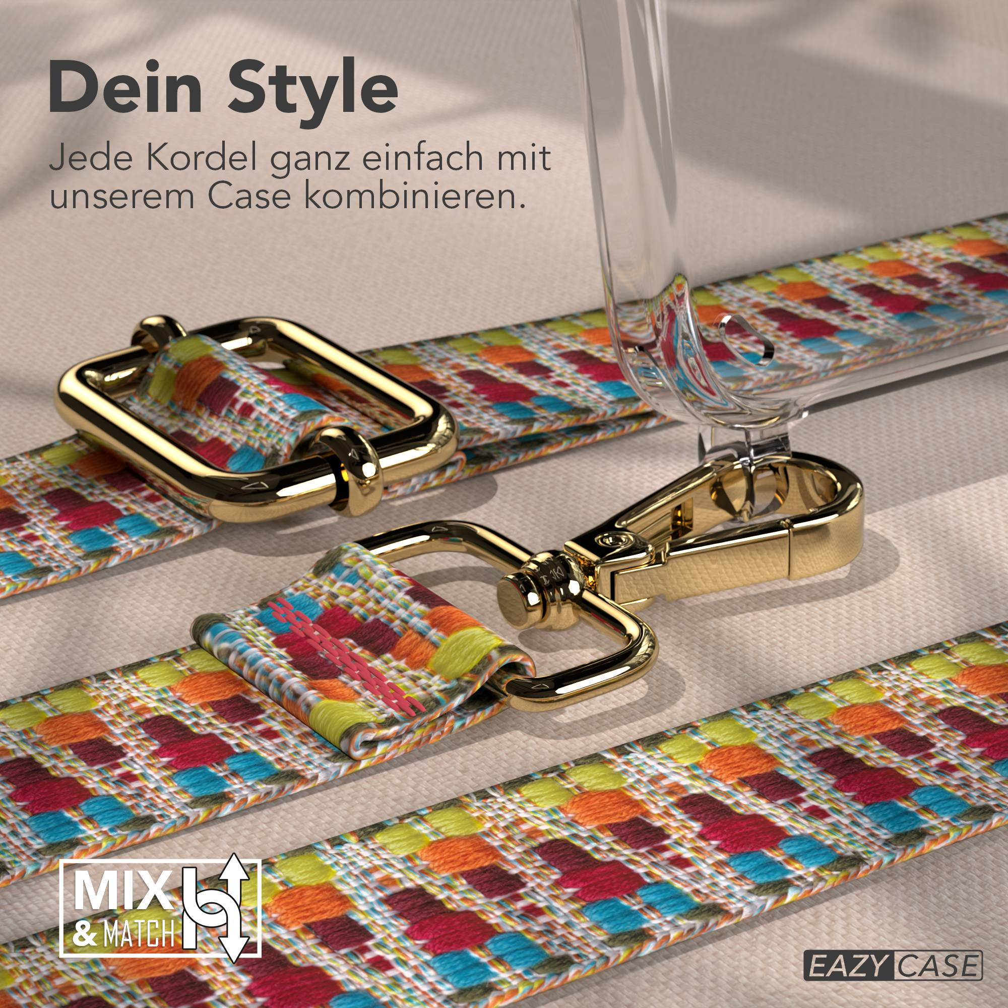 Bunter gemusterter Gurt mit goldener Hardware, neben einer klaren Handyhülle.