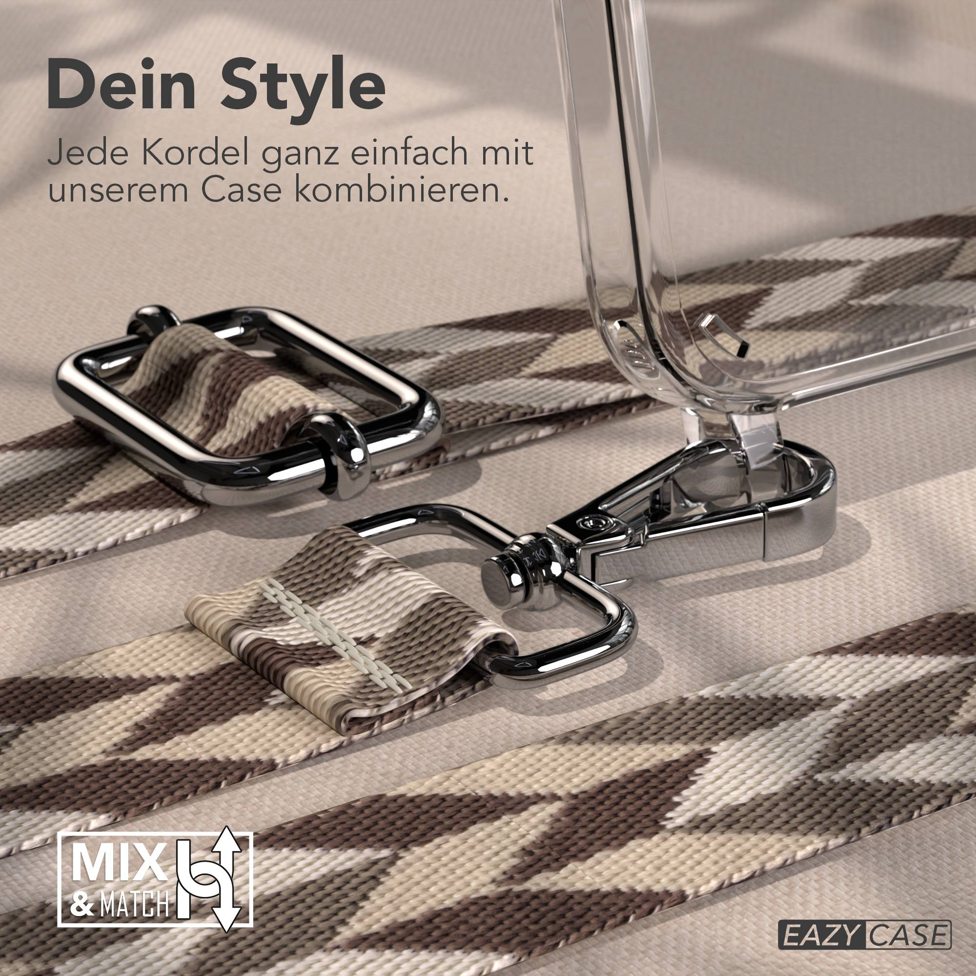 Transparente Handyhülle mit gemustertem Band und Metallverschlüssen. Text: Dein Style.