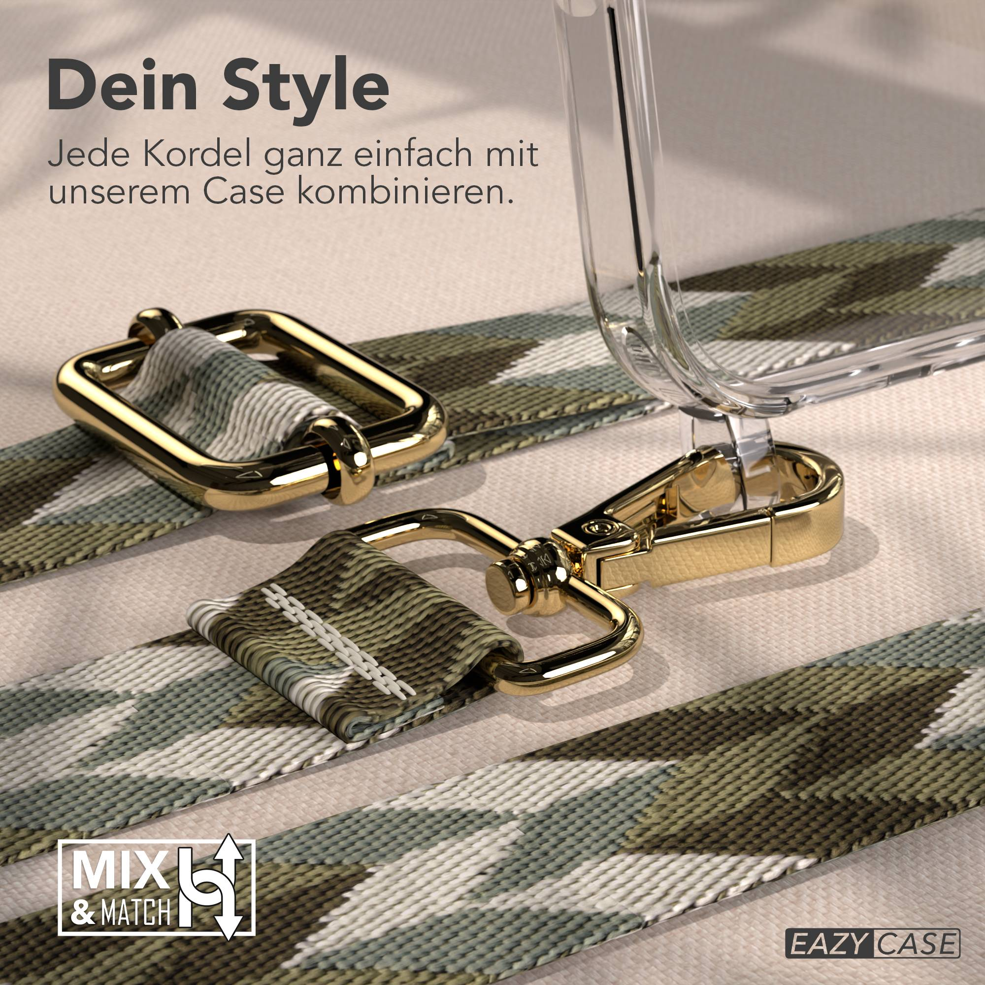 Kamouflage-Lanyard mit goldener Schnalle und transparentem Handyhülle.
