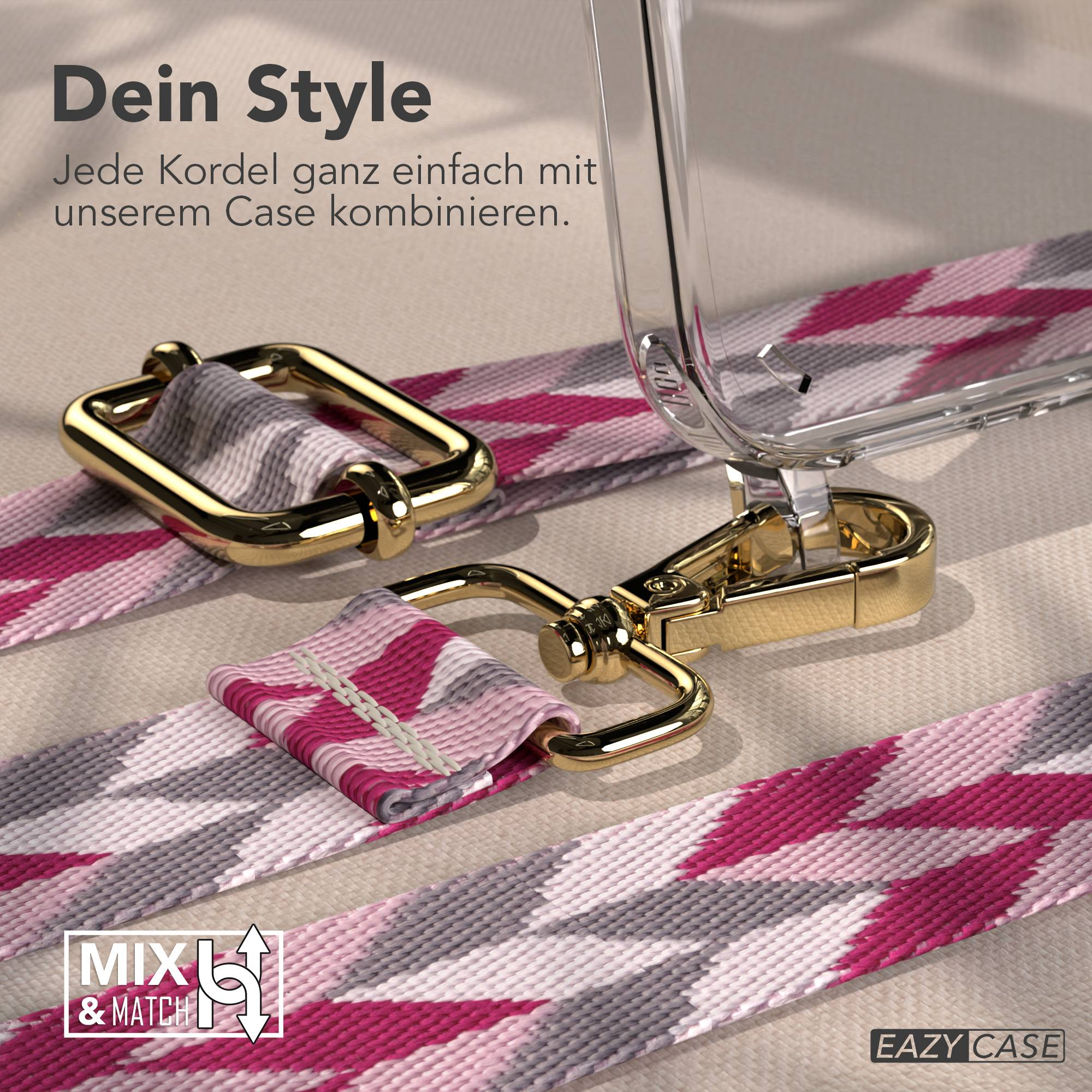 Ein pinkfarbenes, graues und weißes gemustertes Band mit goldenen Verschlüssen wird neben einer durchsichtigen Handyhülle gezeigt.