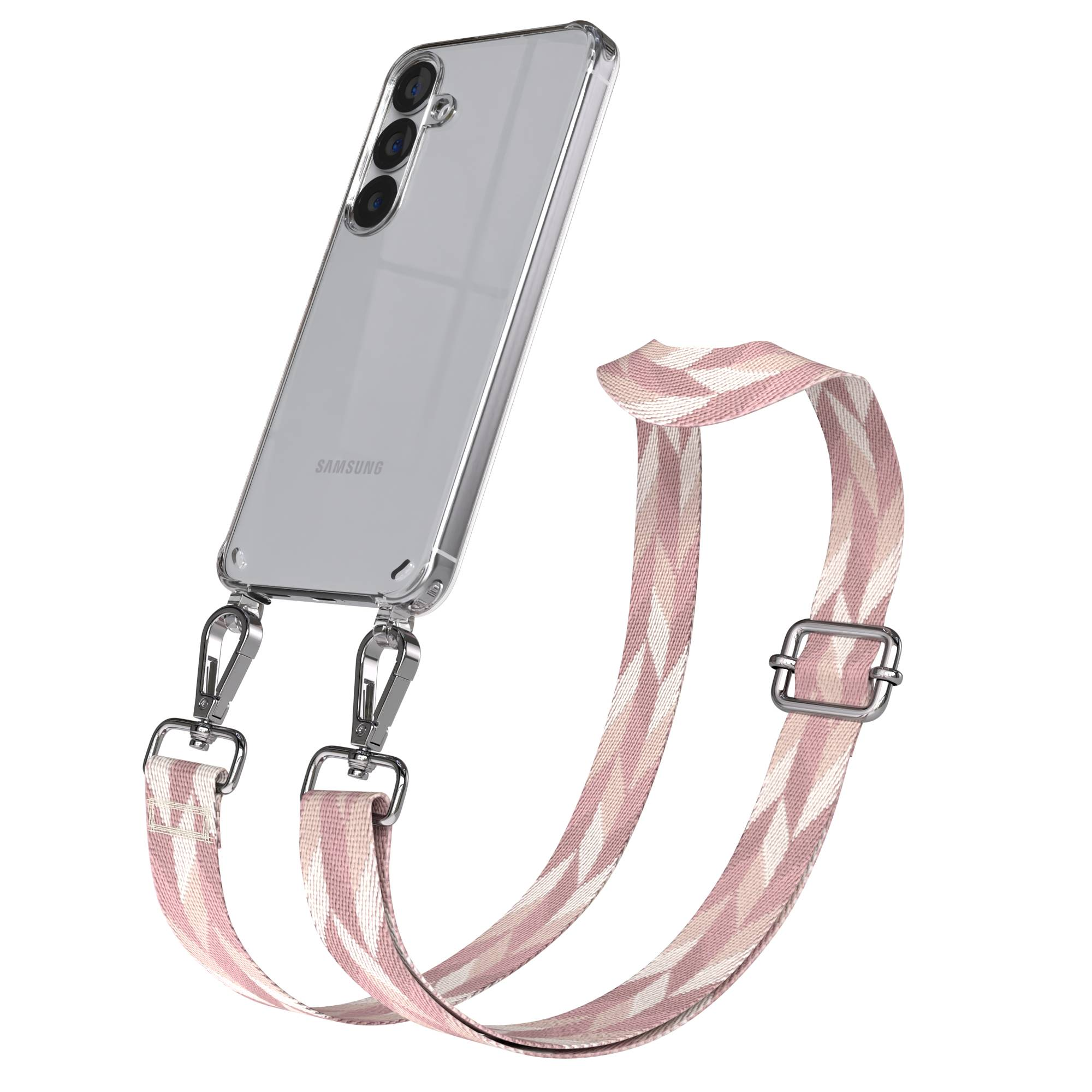 Ein durchsichtiges Handyhülle mit einem pink-weißen Band und silbernen Clips.