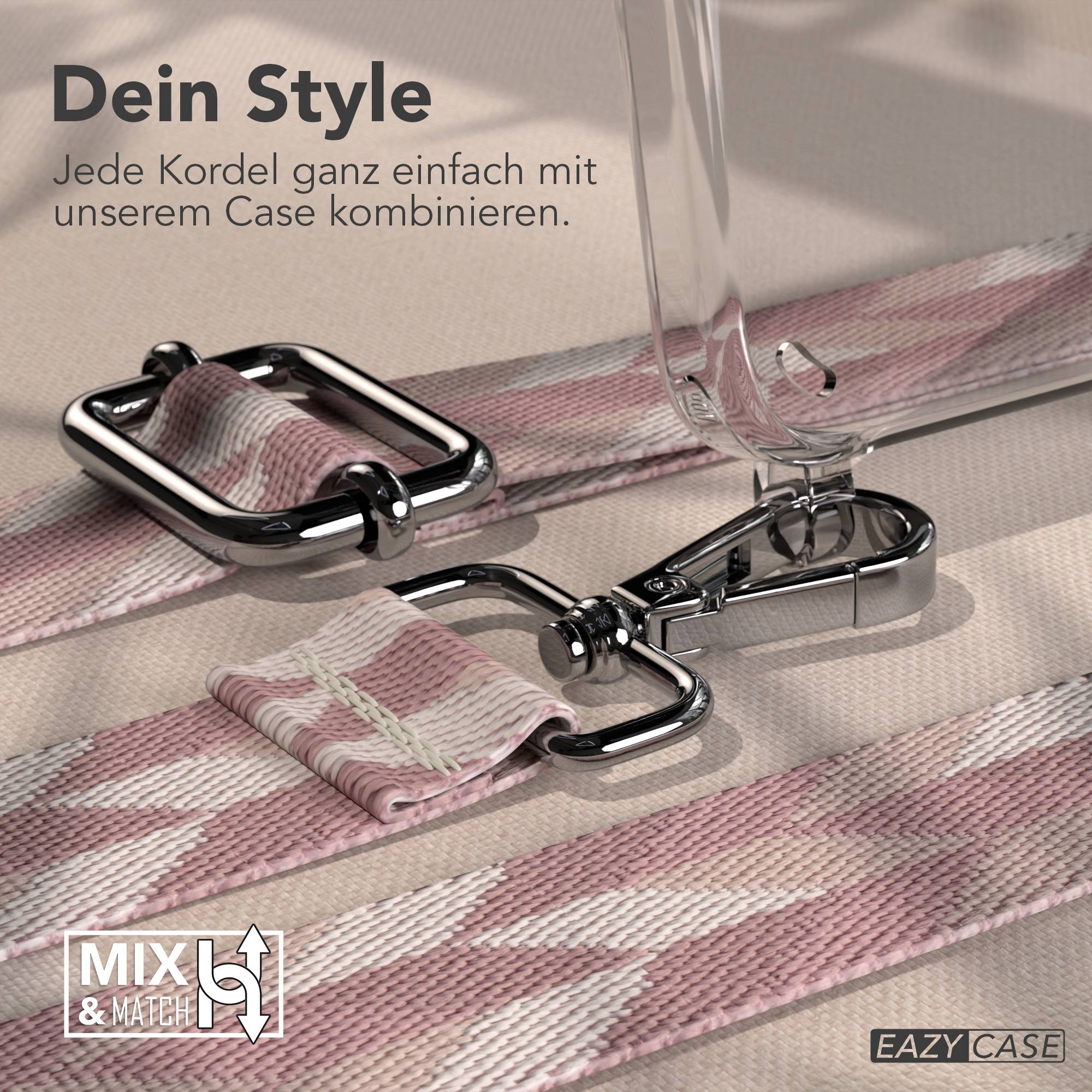 Pink-weiß gemustertes Band mit Chrom-Hardware und einer klaren Hülle.