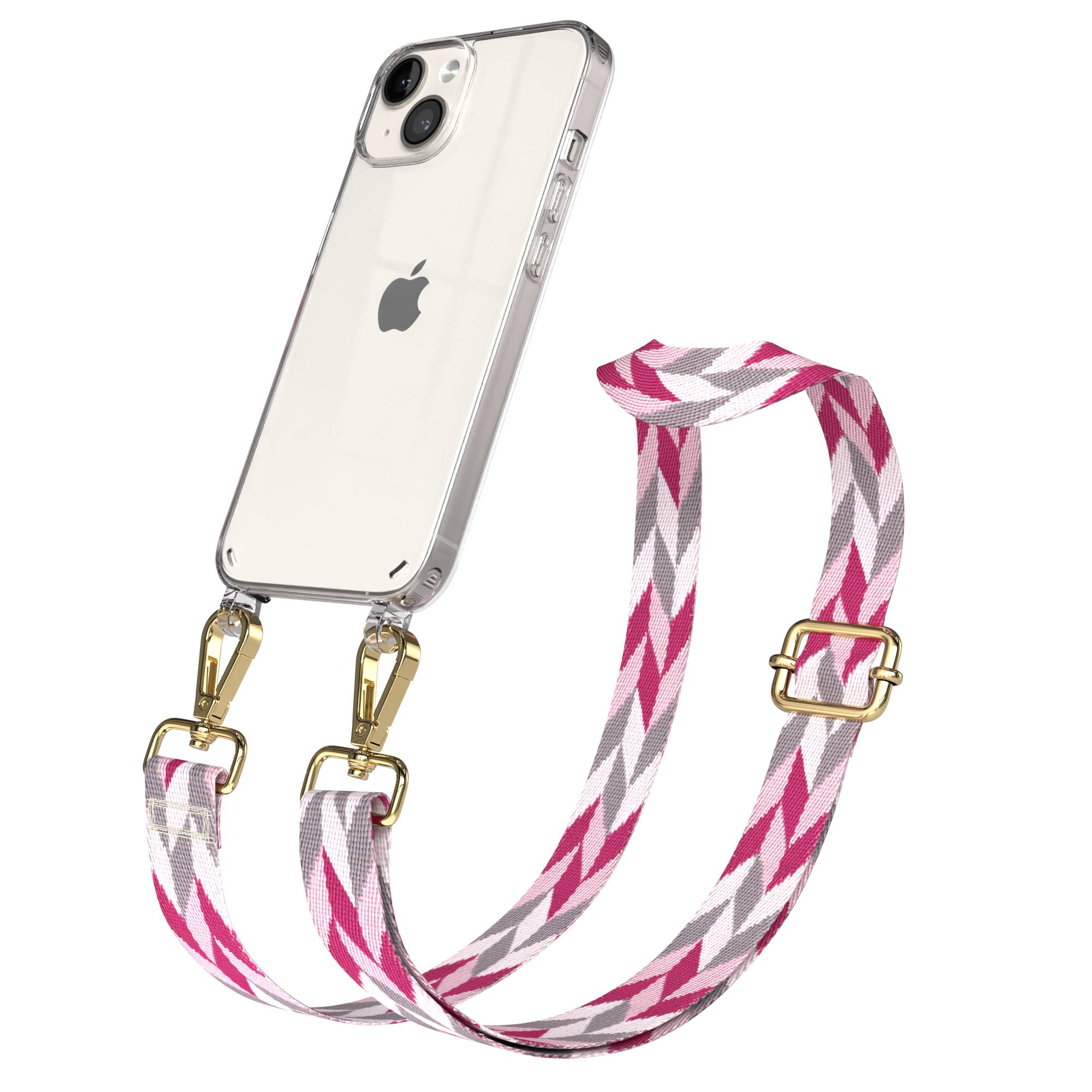 Klarhülle für iPhone mit buntem Band in Pink, Grau und Weiß.