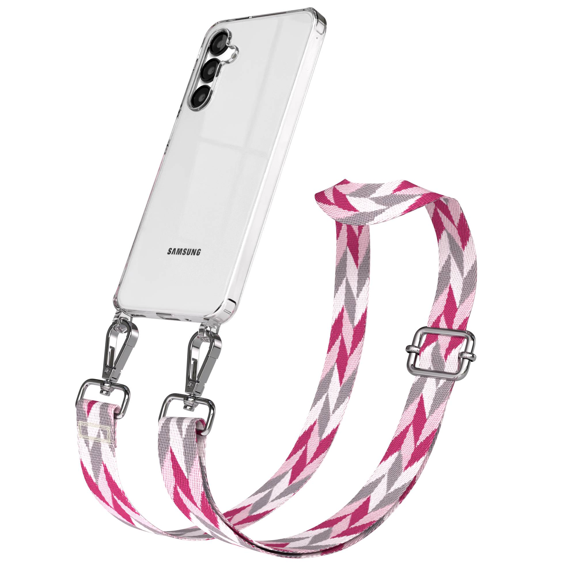 Transparente Handyhülle mit pink-grau-weißem Chevron-Gurt, befestigt mit Silberclips.