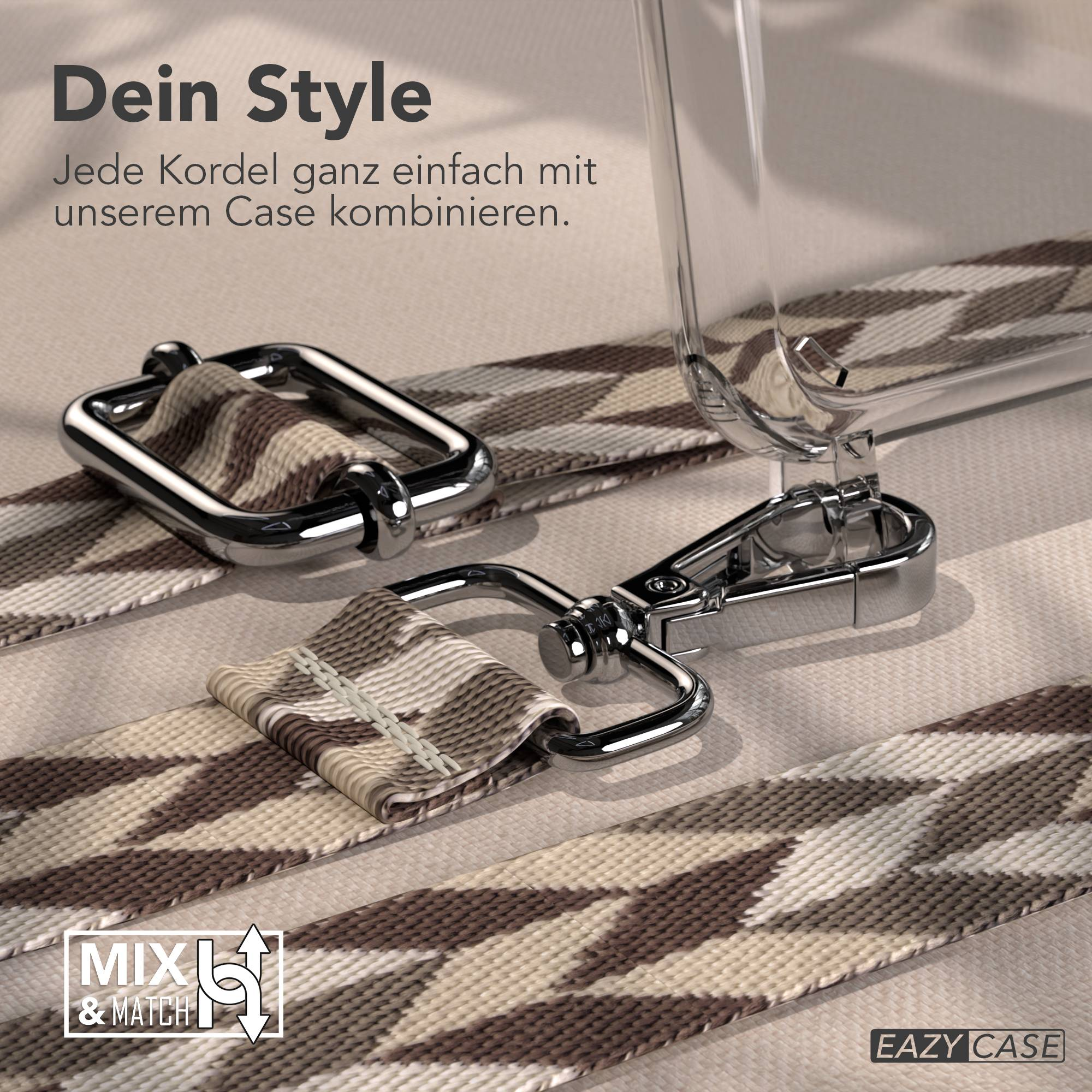 Handyhülle-Tragegurt mit geometrischem Muster, Metallclips und 'MIX & MATCH'-Logo.
