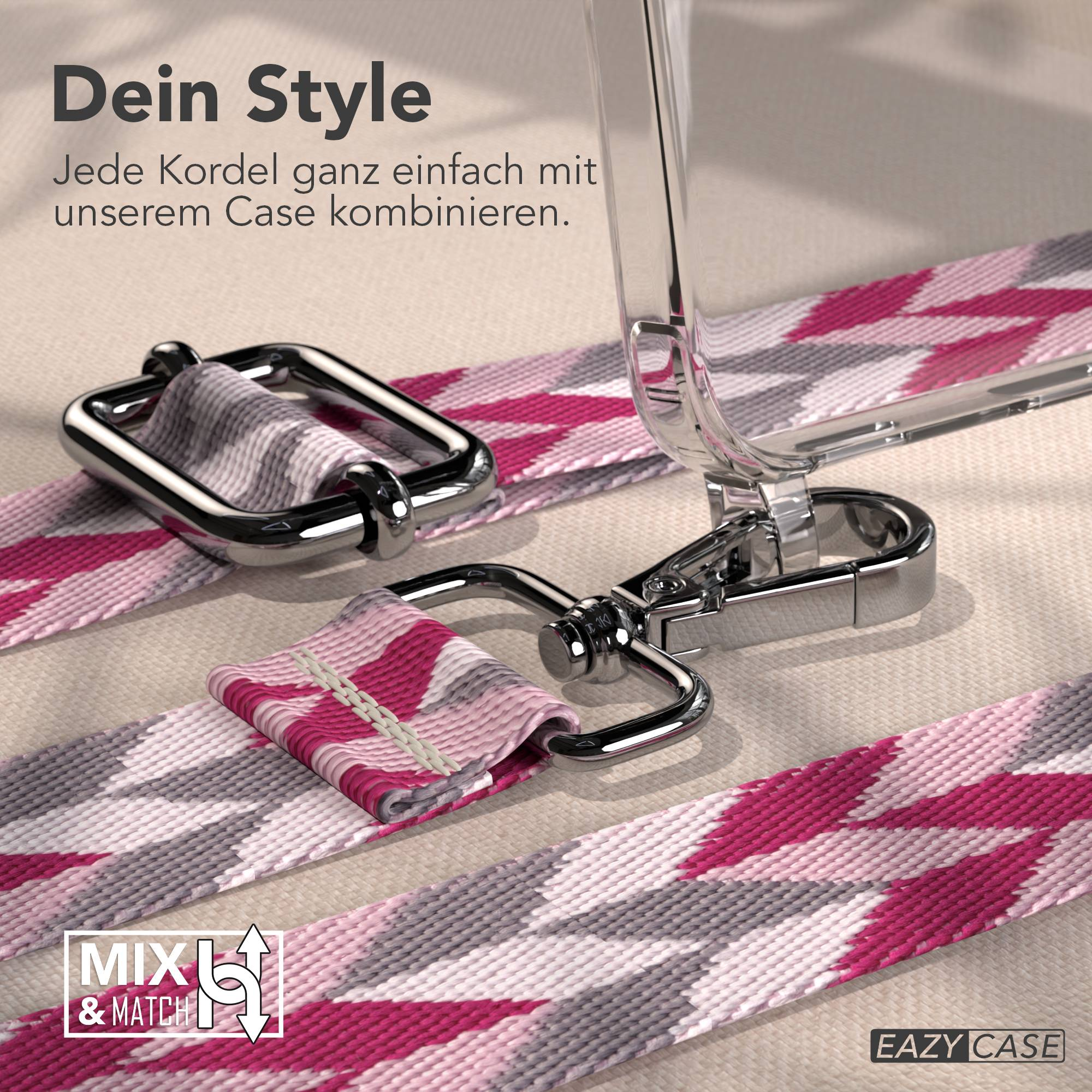 Handy-Kordel mit pink-grauem Zickzackmuster und silbernen Metallteilen.
