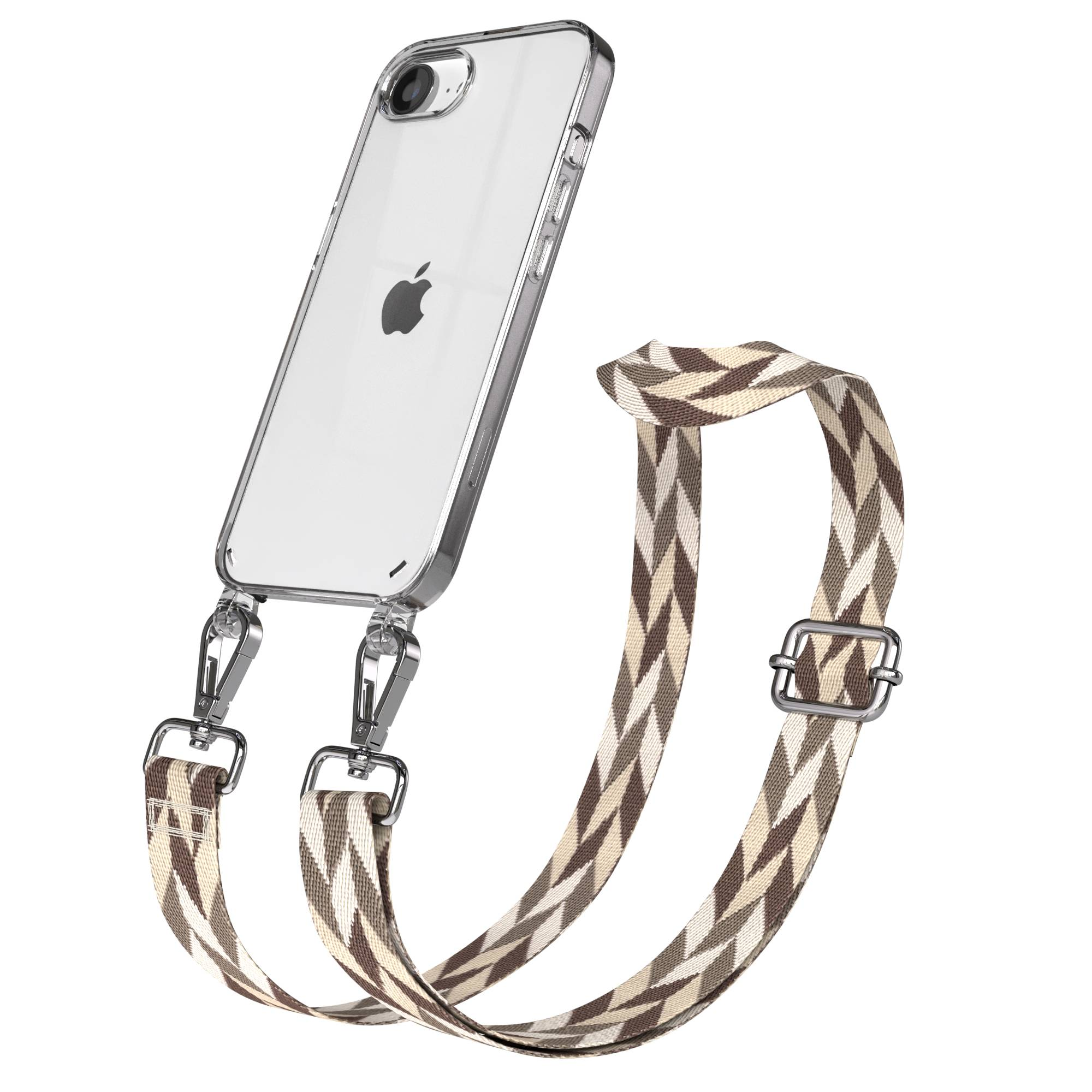 Eine durchsichtige iPhone-Hülle mit einem beigefarbenen und braunen Zickzack-Gurt.