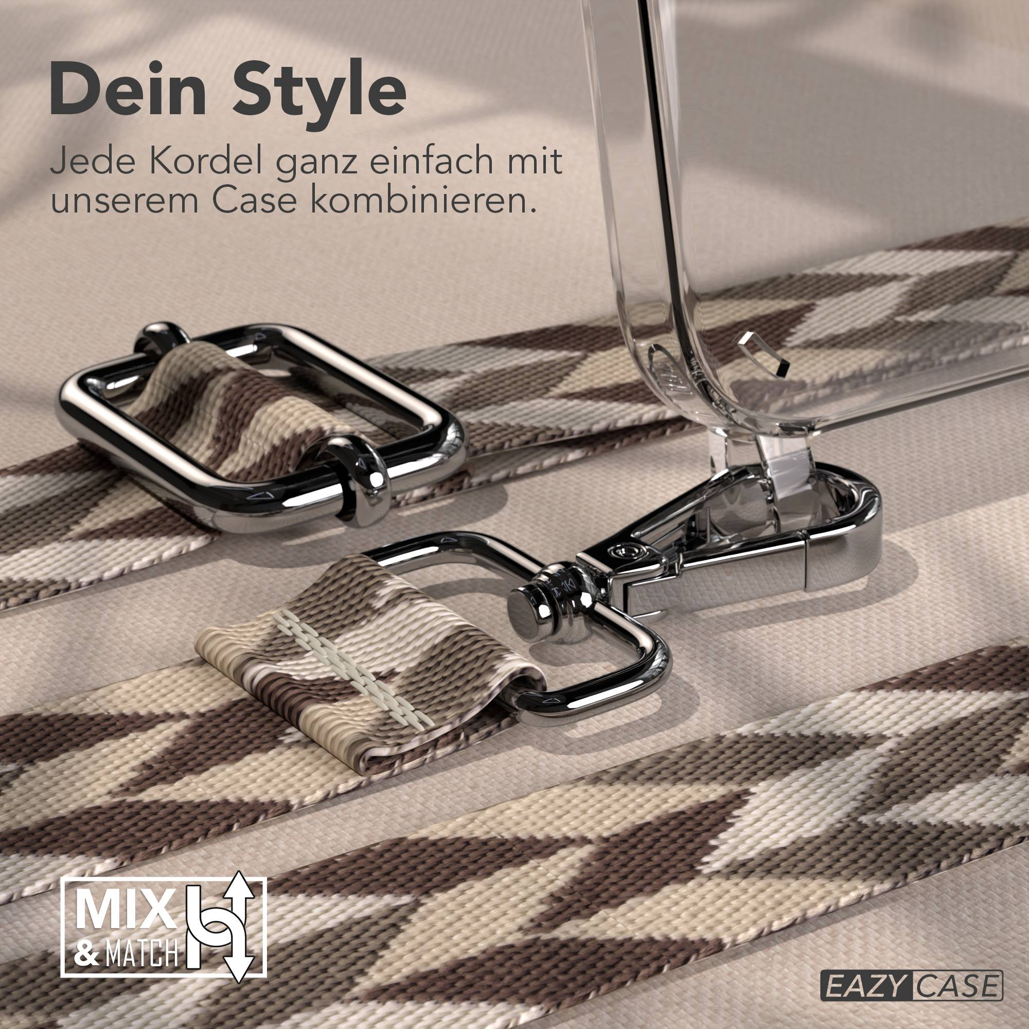 Ein Band mit geometrischem Muster und silbernen Karabinerhaken für ein Handycover.