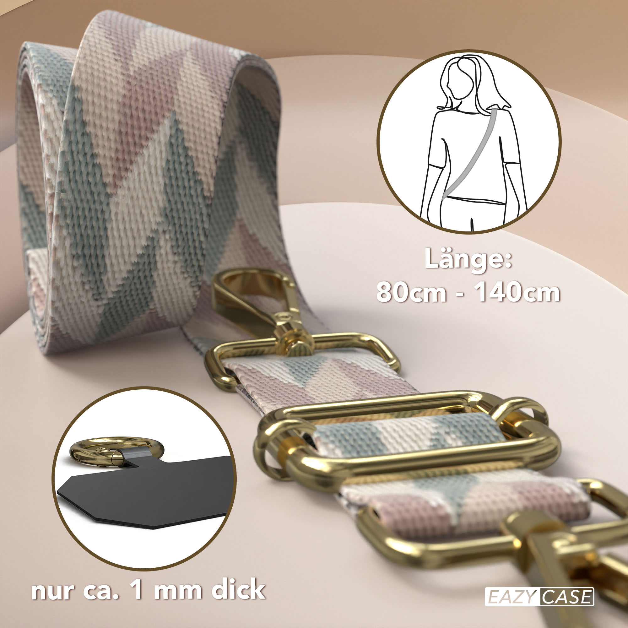 Gurt mit Zickzackmuster in Rosa, Blau und Beige mit goldenen Beschlägen.