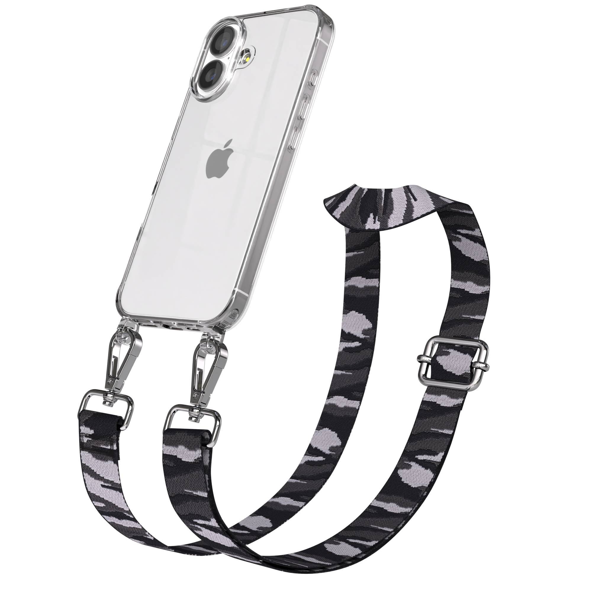 Ein durchsichtiges iPhone mit einem Tarnmuster-Tragegurt.