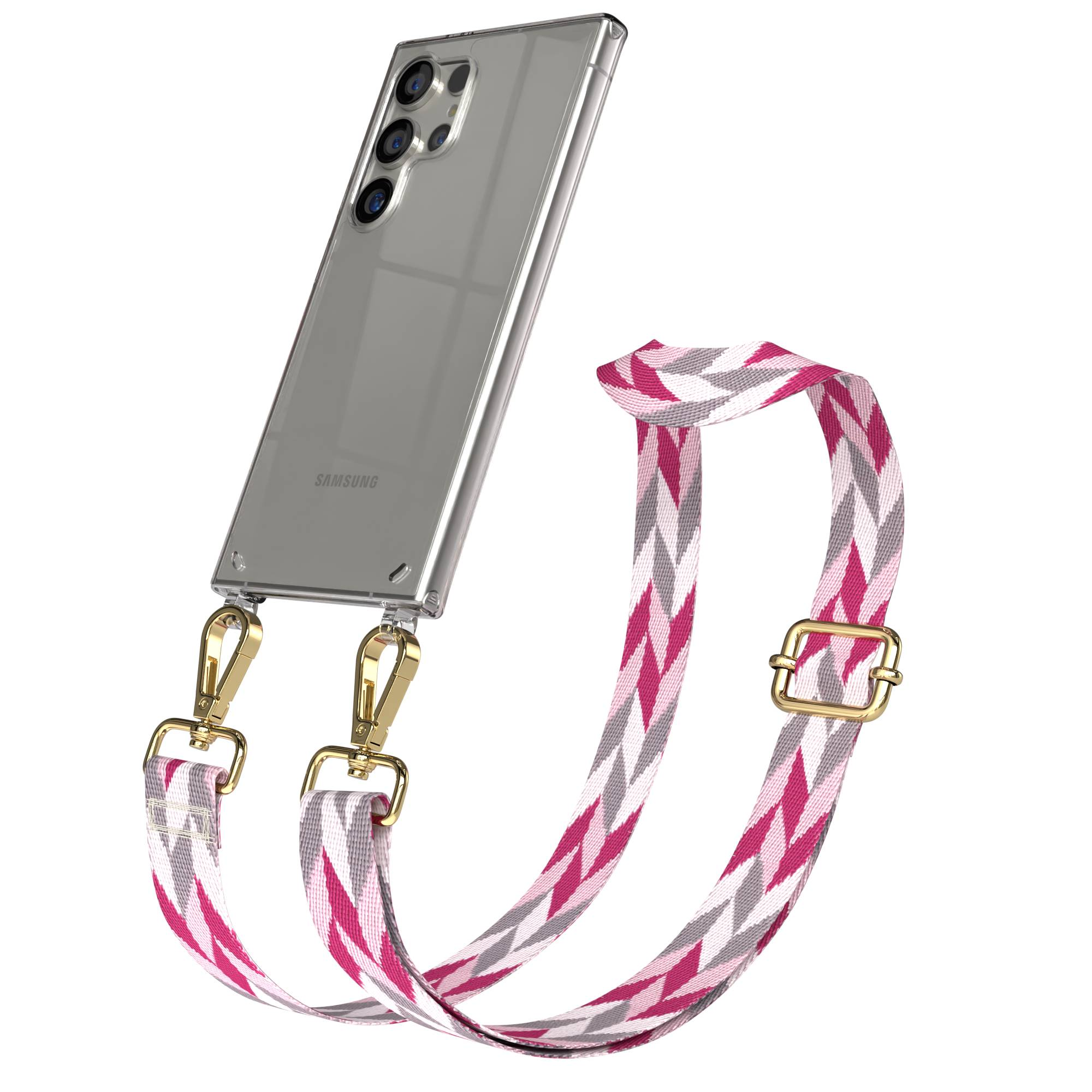 Eine durchsichtige Handyhülle mit einem angebrachten pinken, grauen und weißen Zickzackgurt.