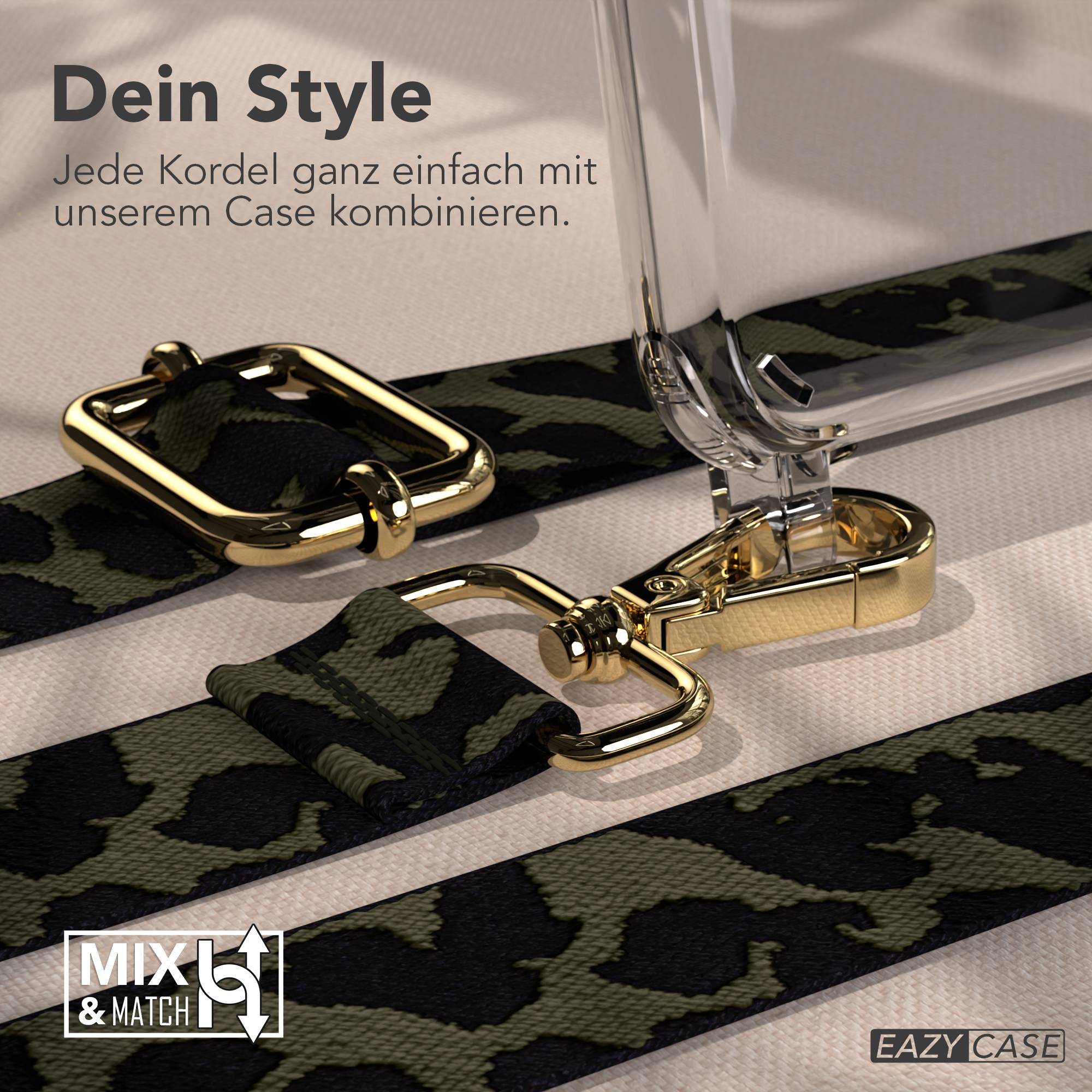 Goldene Verschlüsse befestigen ein Tarnband an einer klaren Handyhülle. Mix & Match Logo.