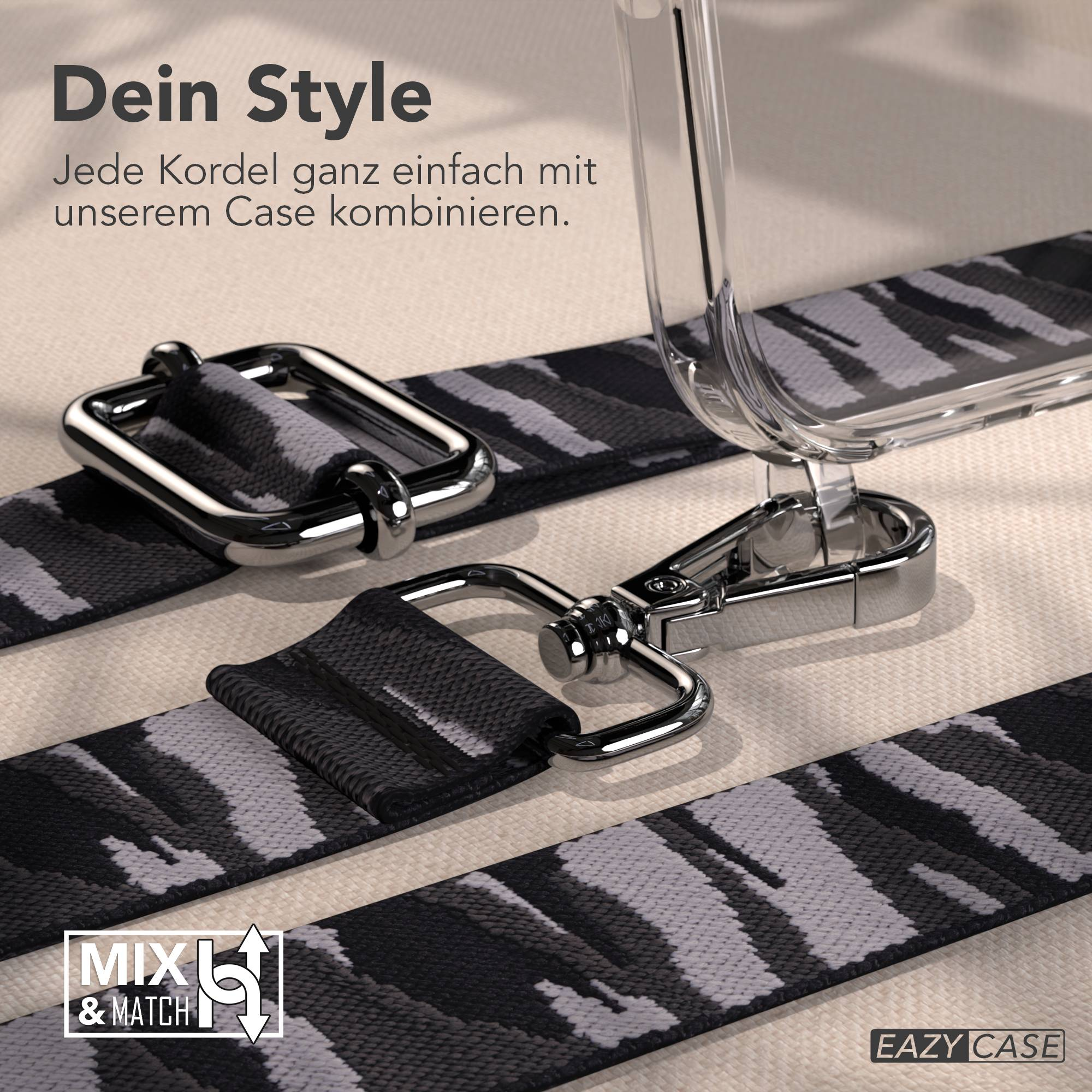 Ein Camouflage-Musterband mit silbernen Verschlüssen und Hülle.