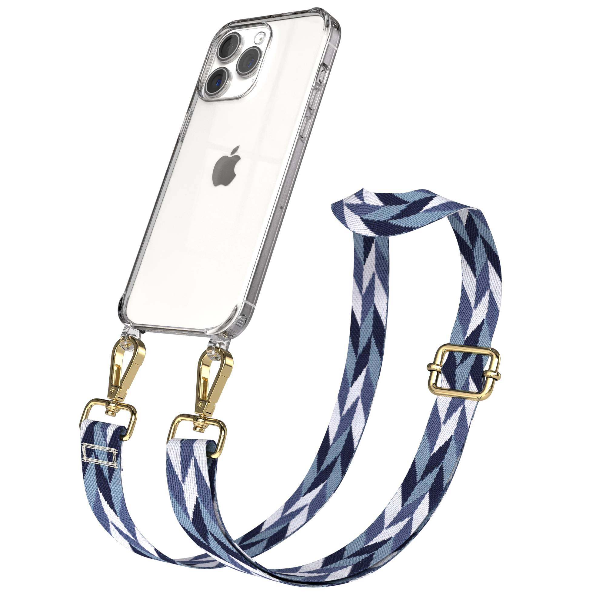 Transparente iPhone-Hülle mit gemustertem blau-weißem Riemen, befestigt mit goldenen Clips.