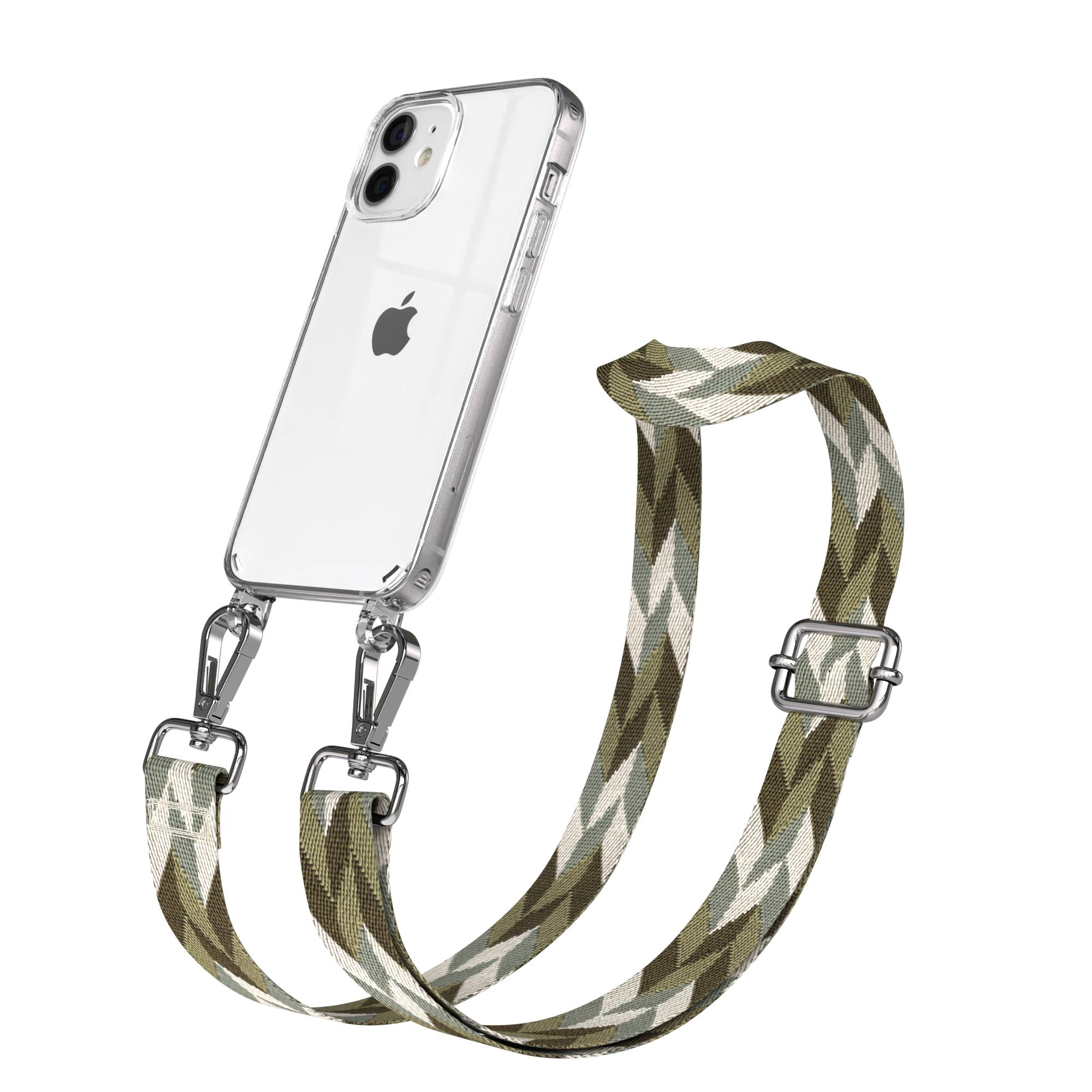 Transparente iPhone-Hülle mit grünem, weißem und braunem Zickzack-Riemen, befestigt mit Silberclips.