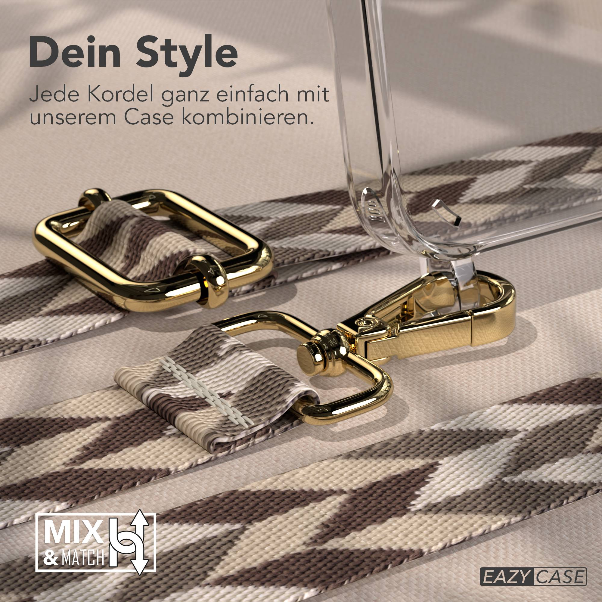 Goldene Schnalle und Kordel mit Muster auf Stoff, mit klarem Handyhülle-Detail.