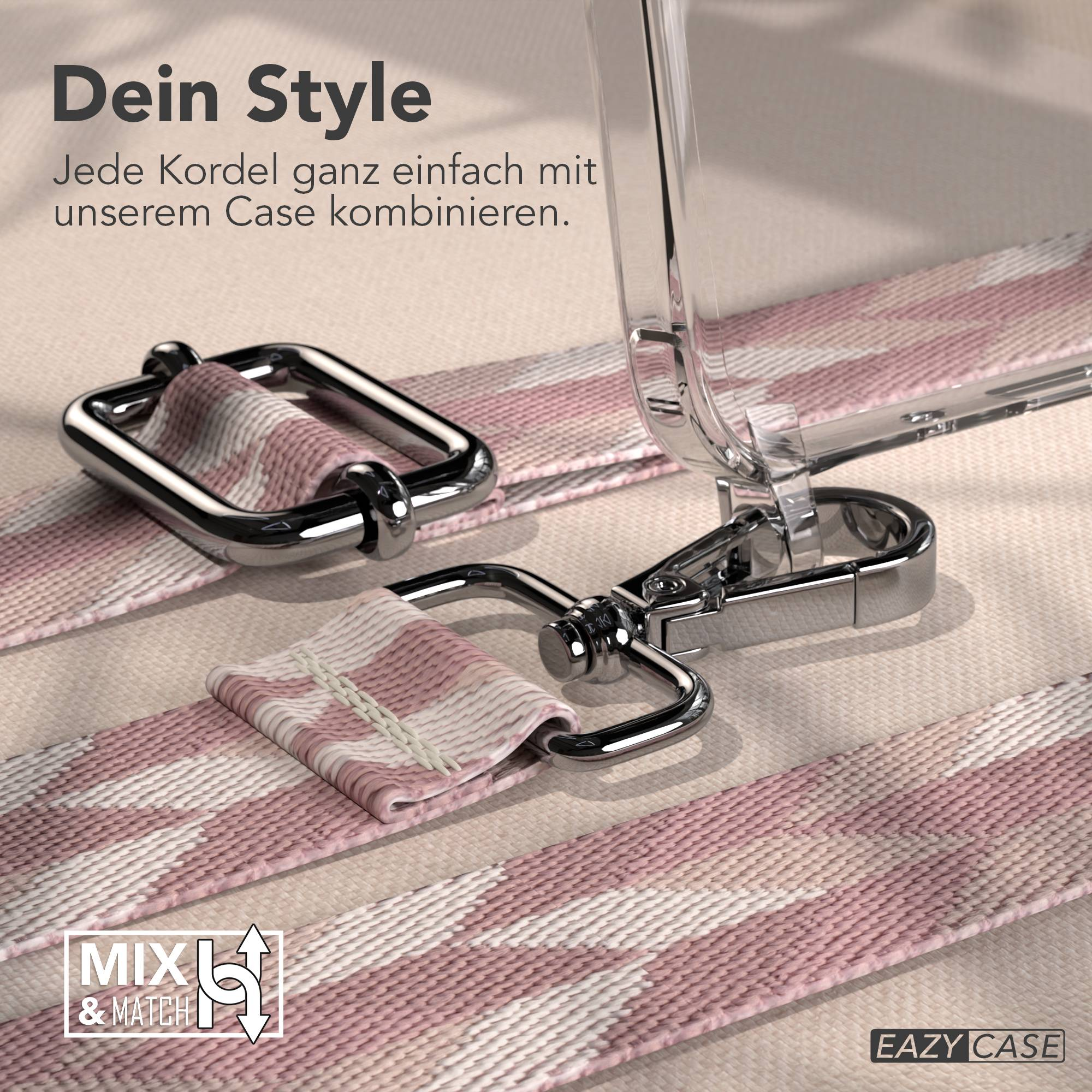 Silberne Hardware-Clips an einem pink-weiß gestreiften Riemen für eine Handyhülle.