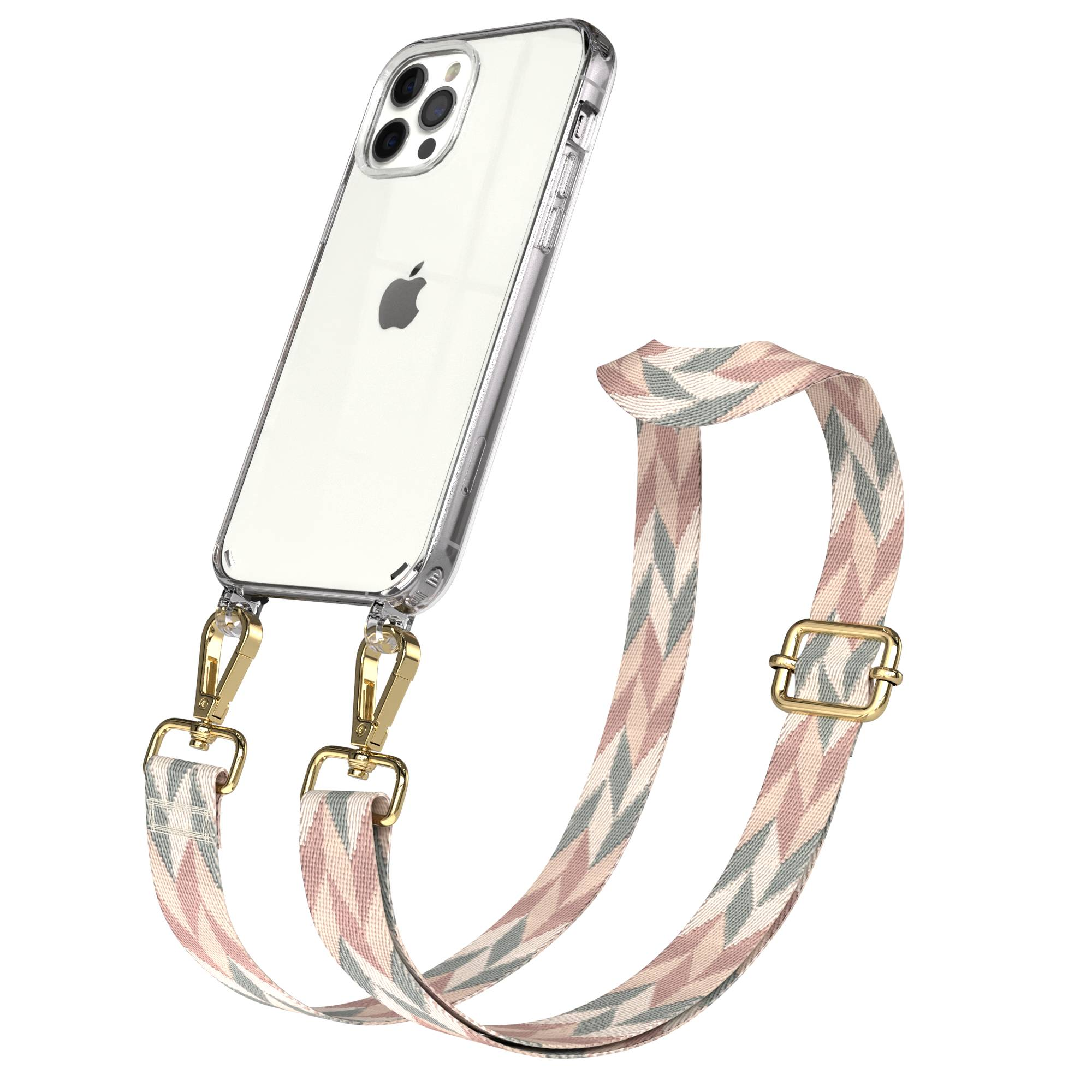 Transparente iPhone-Hülle mit gemustertem Riemen in Pink, Grau und Weiß. Goldene Clips befestigen Riemen.