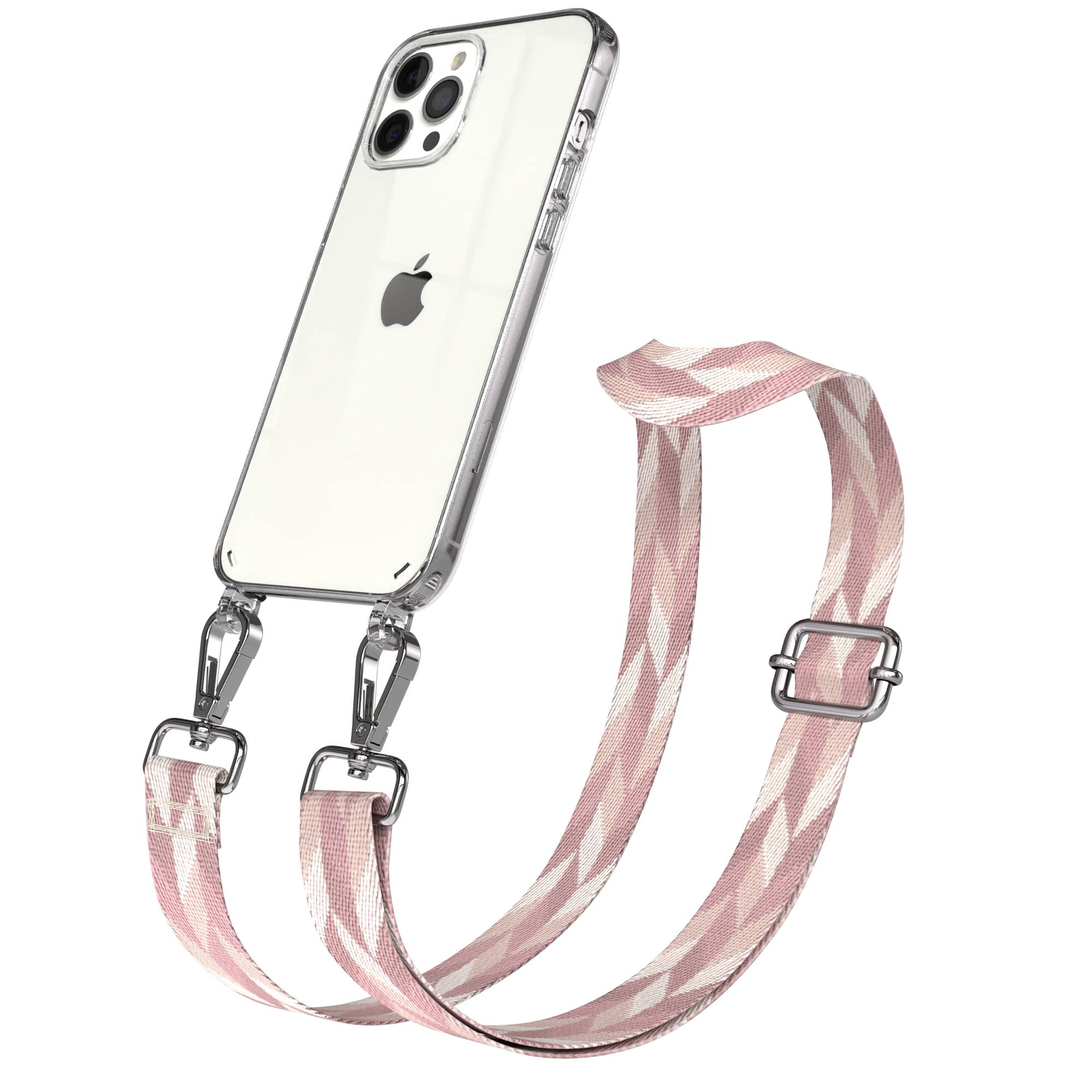 Ein durchsichtiges Handyhülle mit einem Band in Rosa und Weiß.