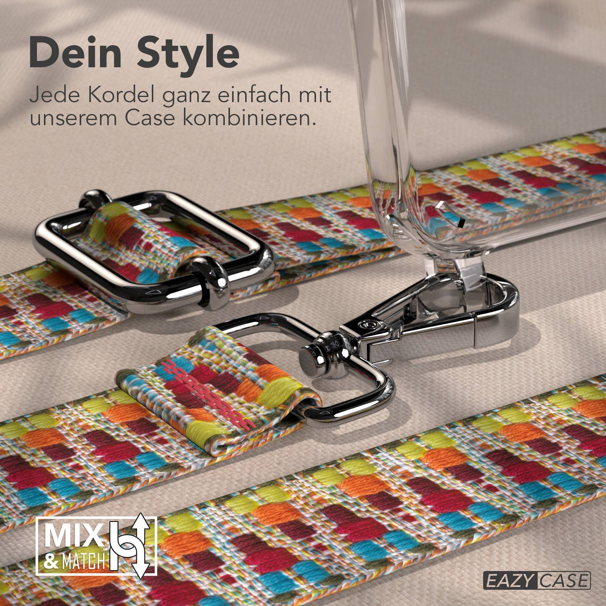 Buntes gewebtes Band mit Metallclips, Teil eines Handyhüllensystems. Text: Dein Style.