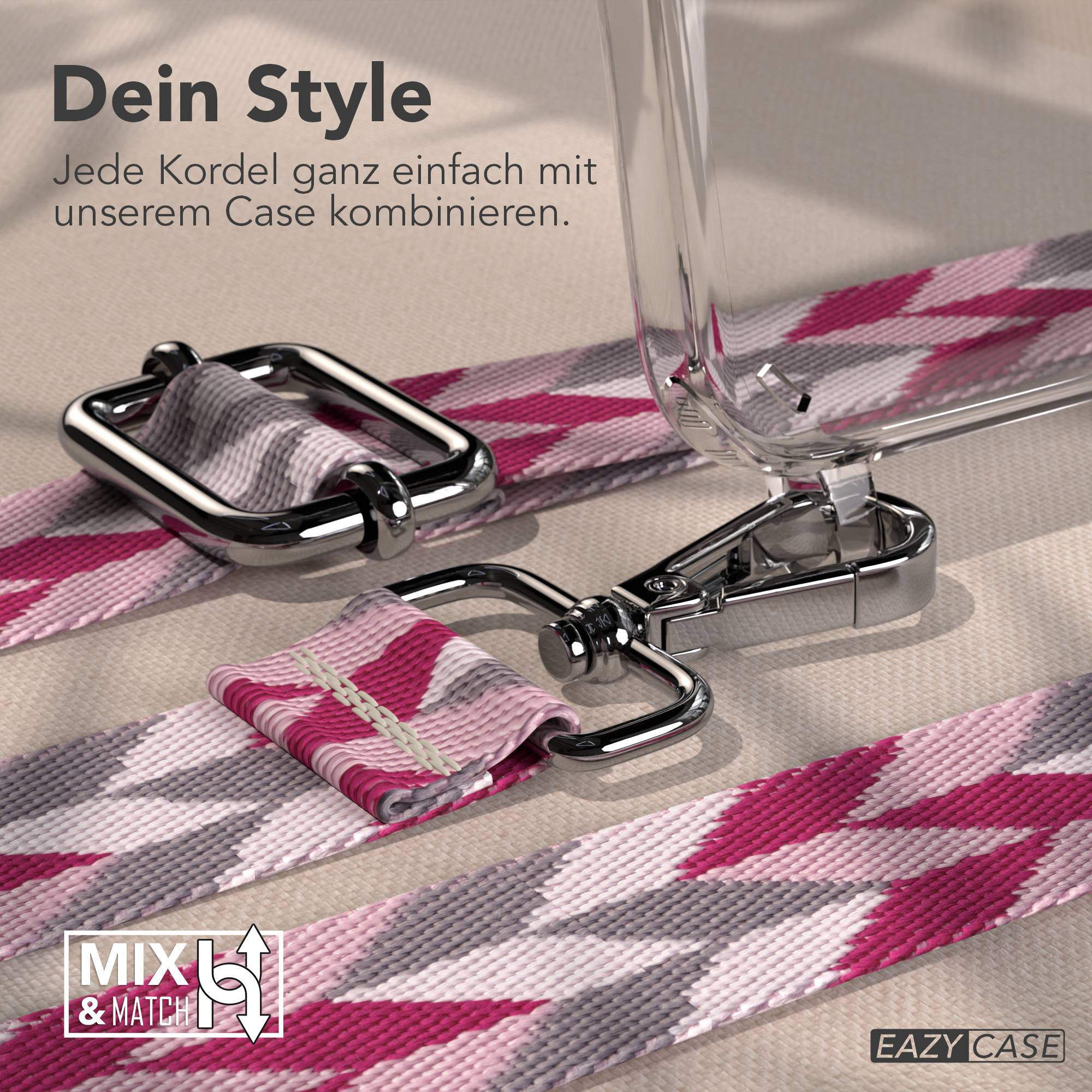 Pinker, grauer und weißer geometrischer Gurt mit Metallverschlüssen und Hülle.