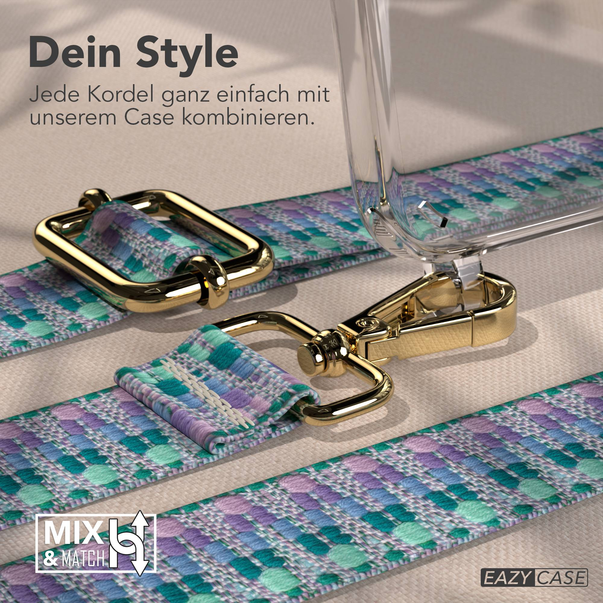 Goldene Schnalle an einem Band mit lila, blauen und grünen Mustern.