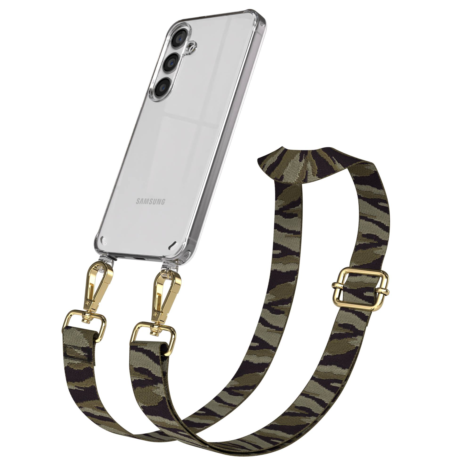Ein durchsichtiges Samsung-Handy mit Tarnband und goldenen Schnallen.