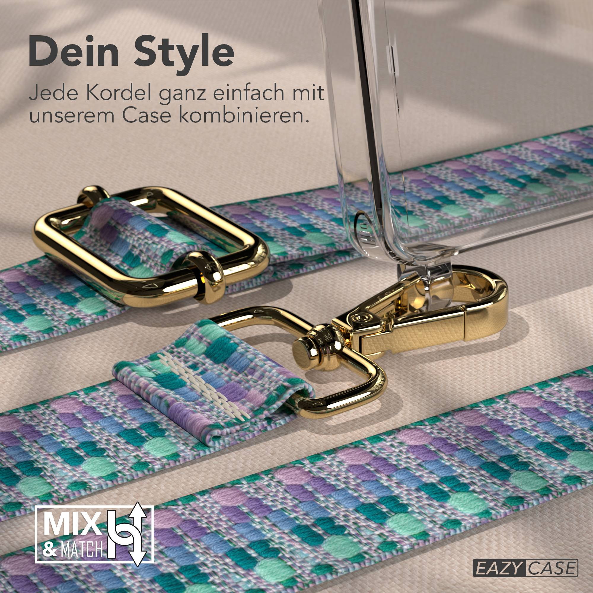 Ein Handyband mit silbernem Haken und einem Muster in Blau-, Lila- und Grüntönen.