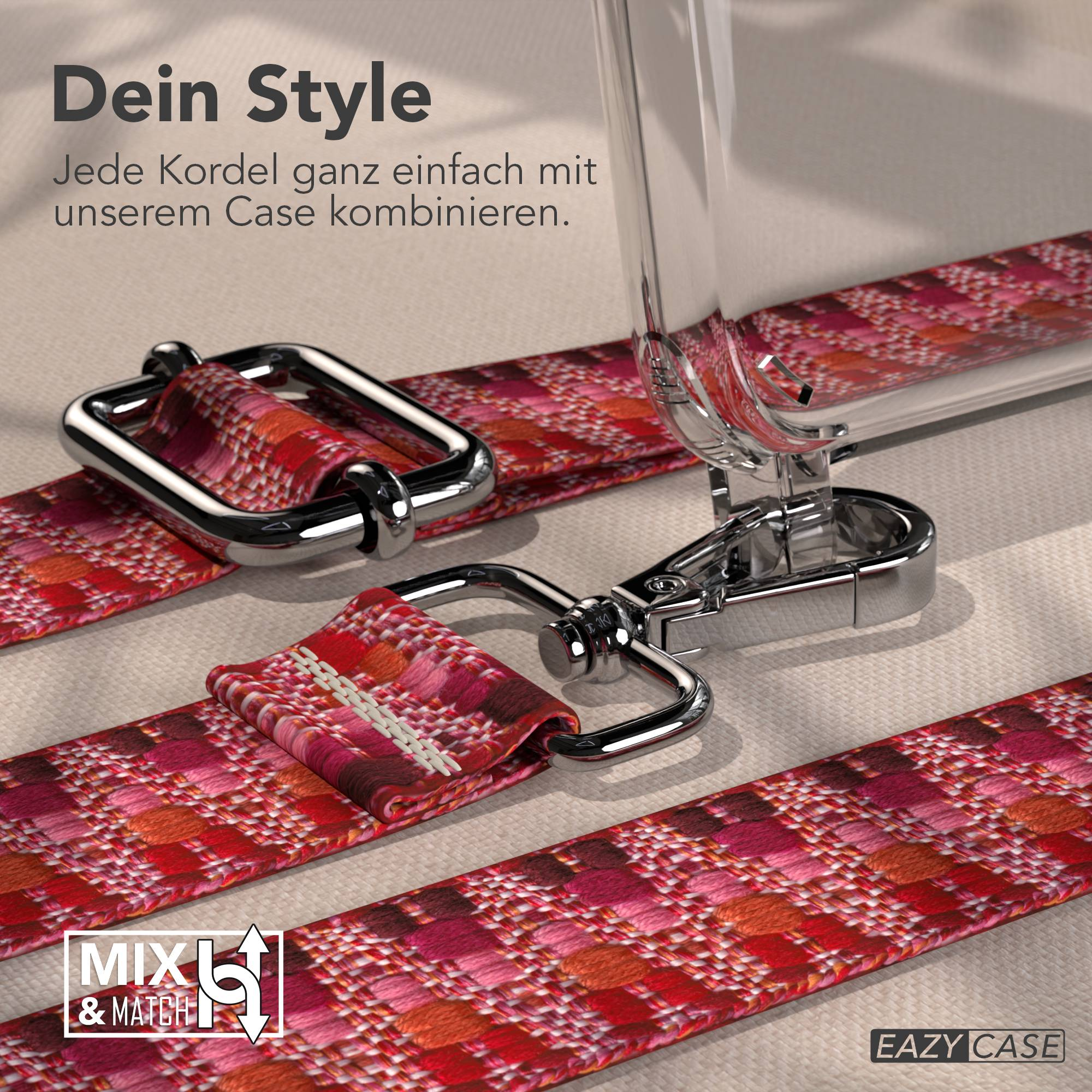 Roter, gemusterter Gurt mit silbernen Schnallen und dem Text 'Mix & Match'.