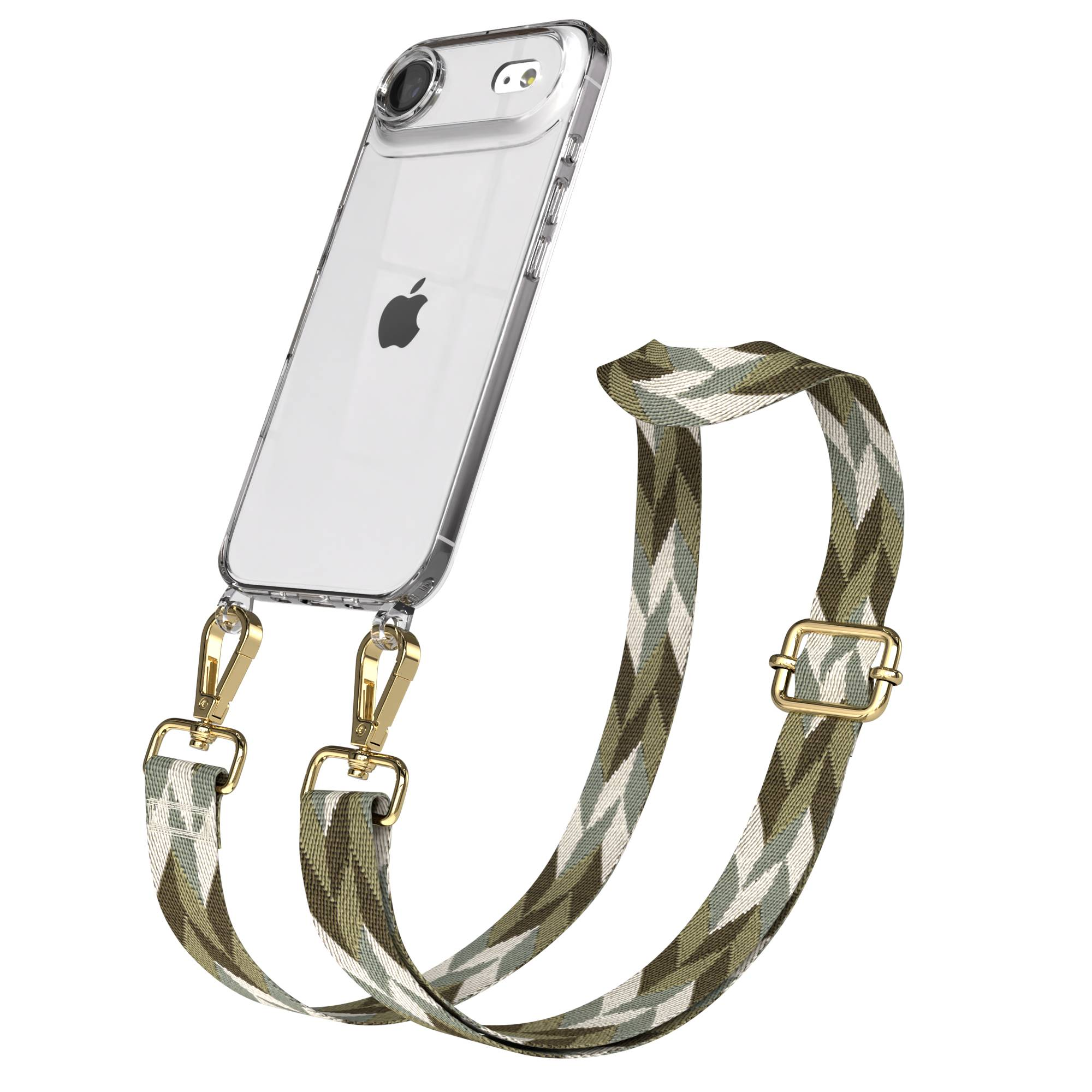 Klarhülle für iPhone mit buntem Gurt und goldenen Clips.