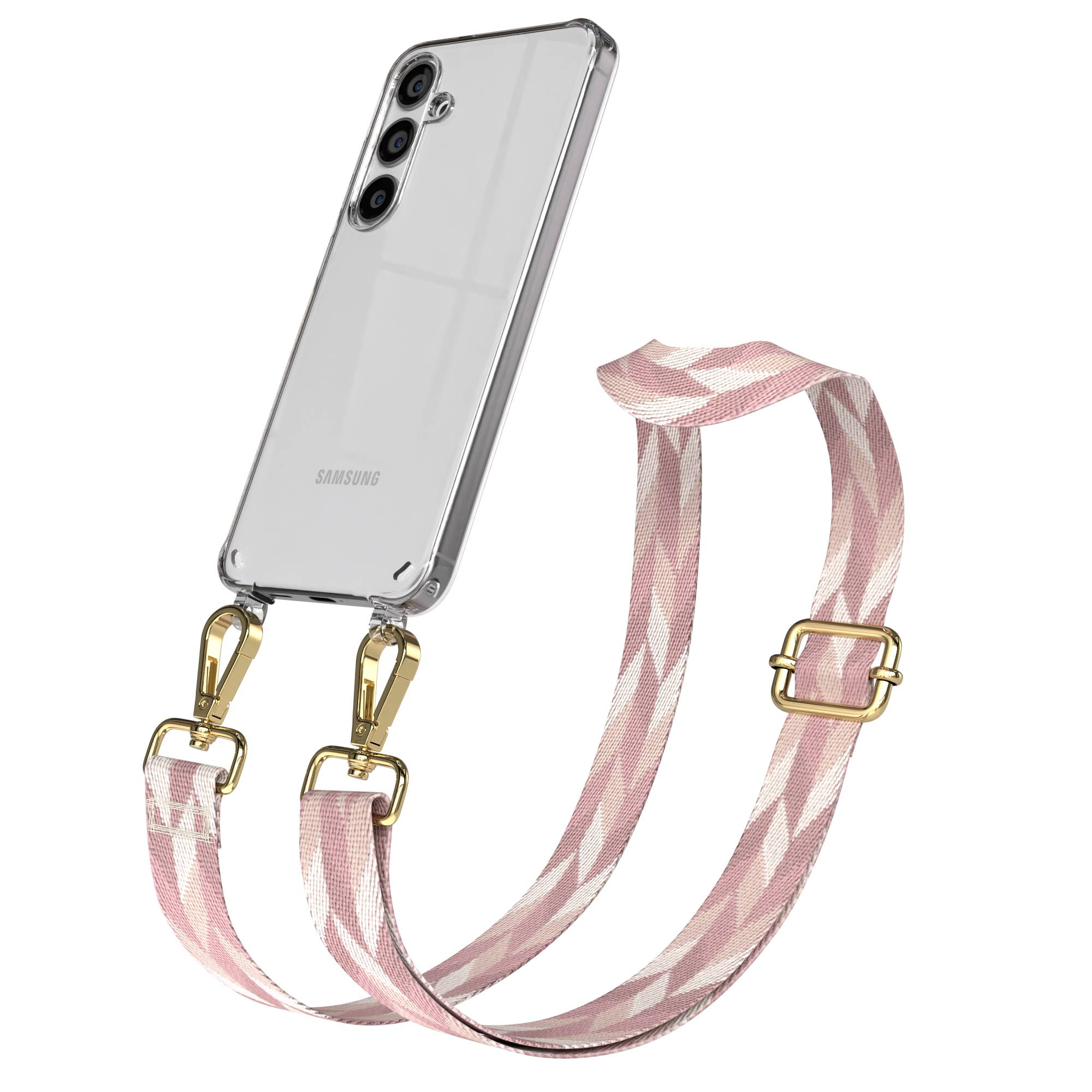 Eine durchsichtige Handyhülle mit einem rosa-weißen geometrischen Gurt, befestigt mit goldenen Clips.