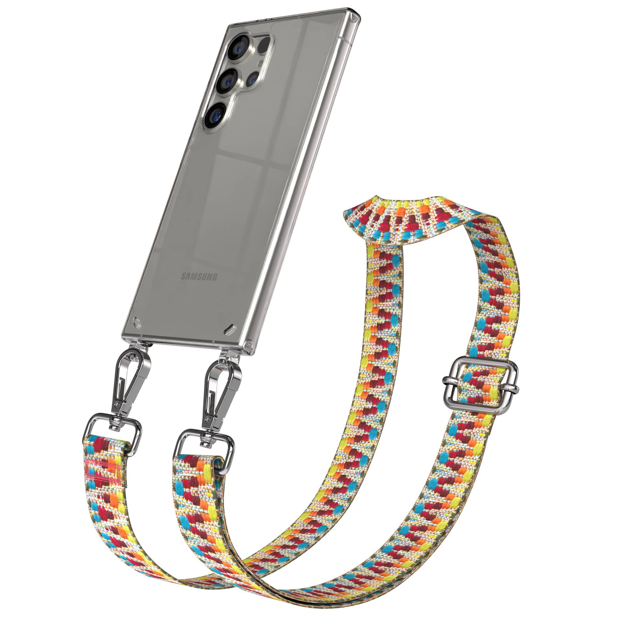 Eine durchsichtige Handyhülle mit einem bunten gewebten Band und silbernen Verschlüssen.