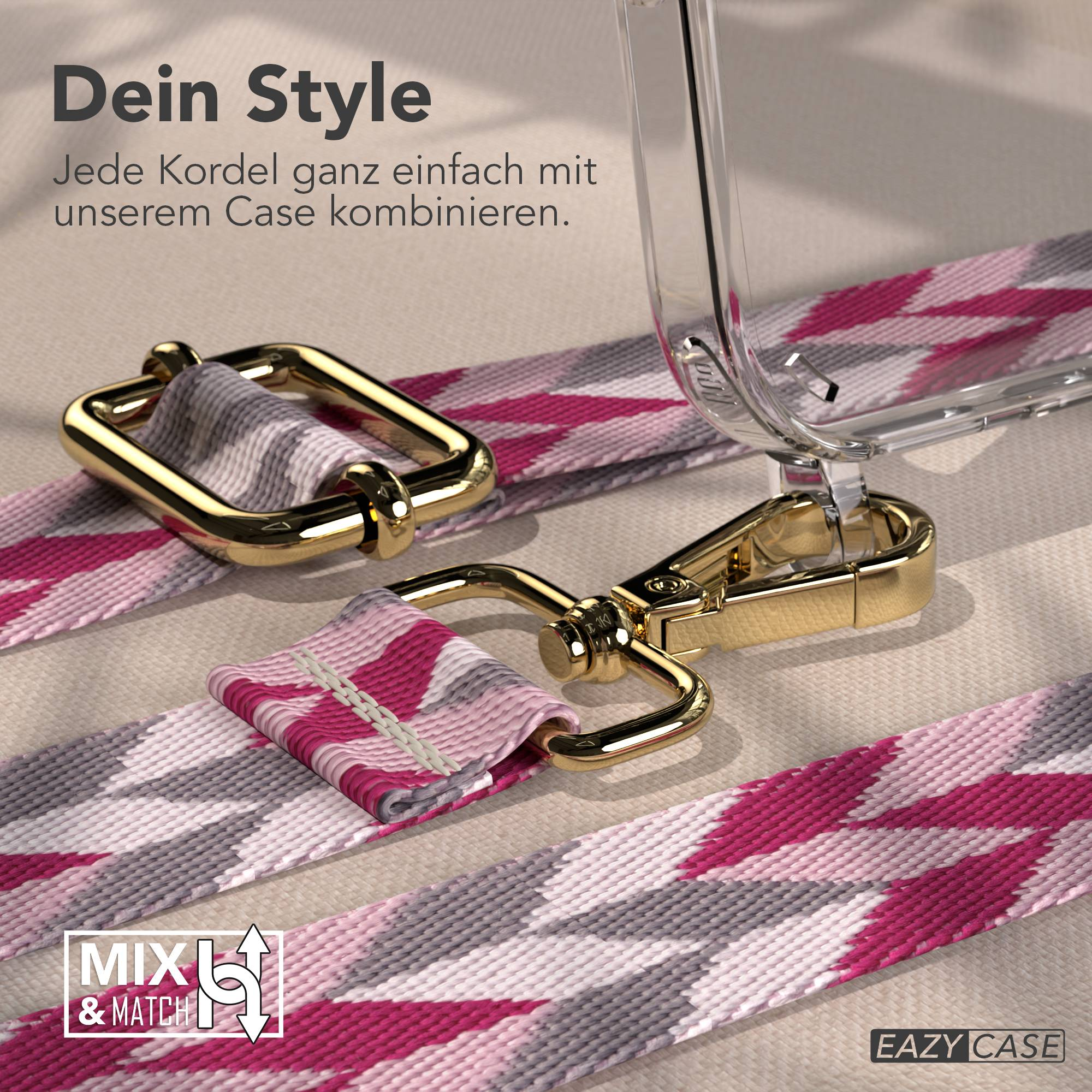 Goldene Karabinerhaken an einer Kordel mit pinkem Muster, neben einer Handyhülle.