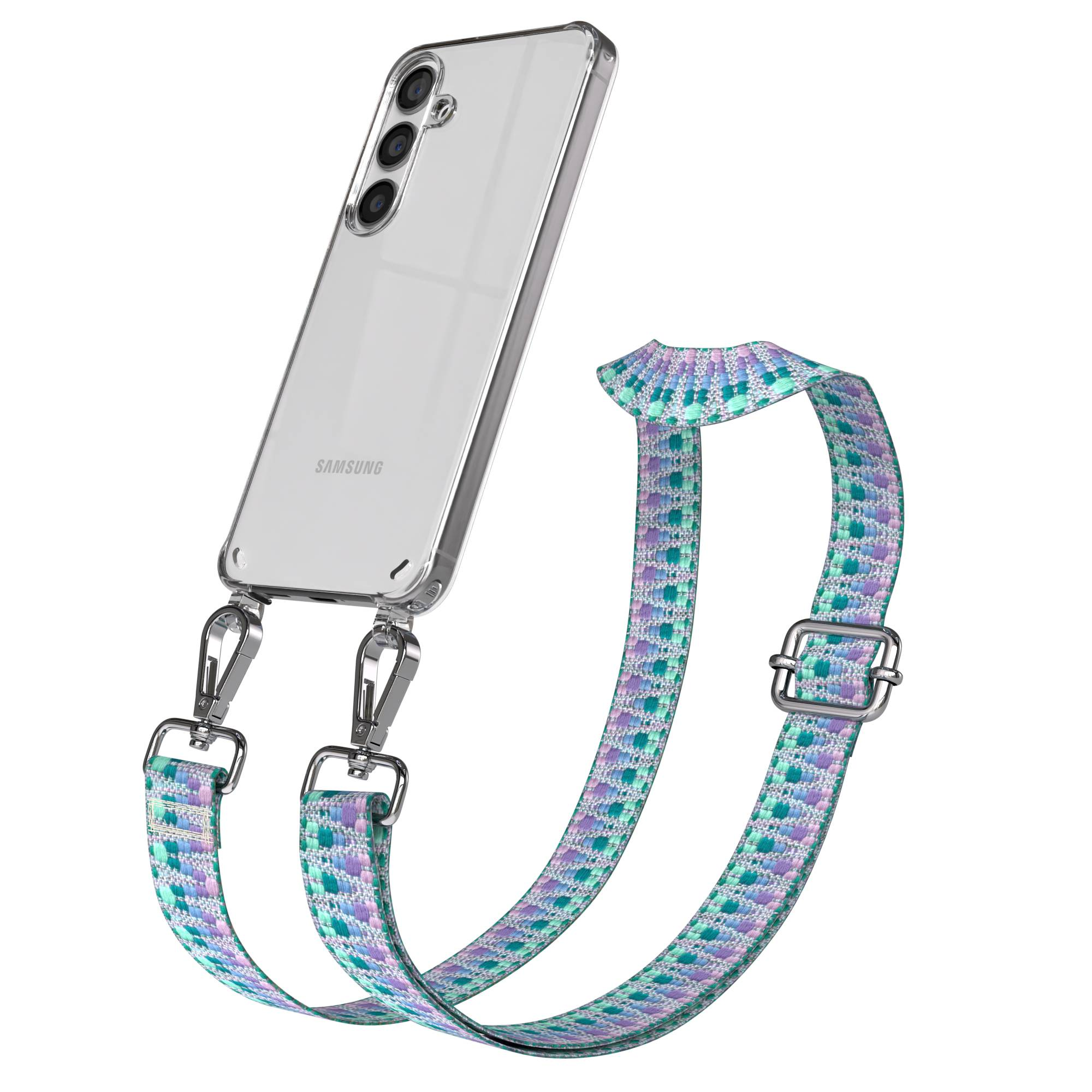 Ein transparentes Samsung-Handy mit einer farbenfrohen Halskette.