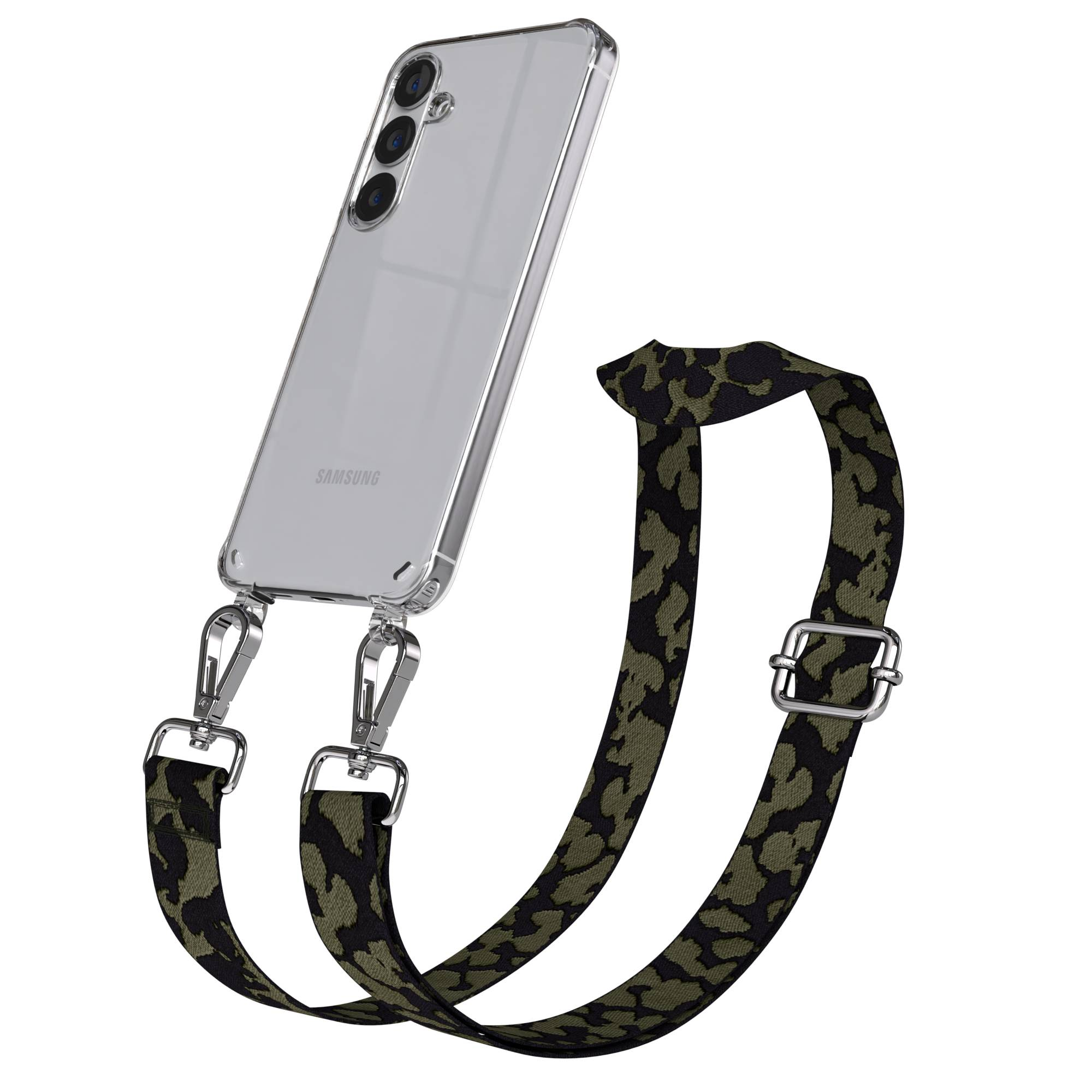 Ein Samsung-Smartphone in einer transparenten Hülle mit einem Tarnriemen.