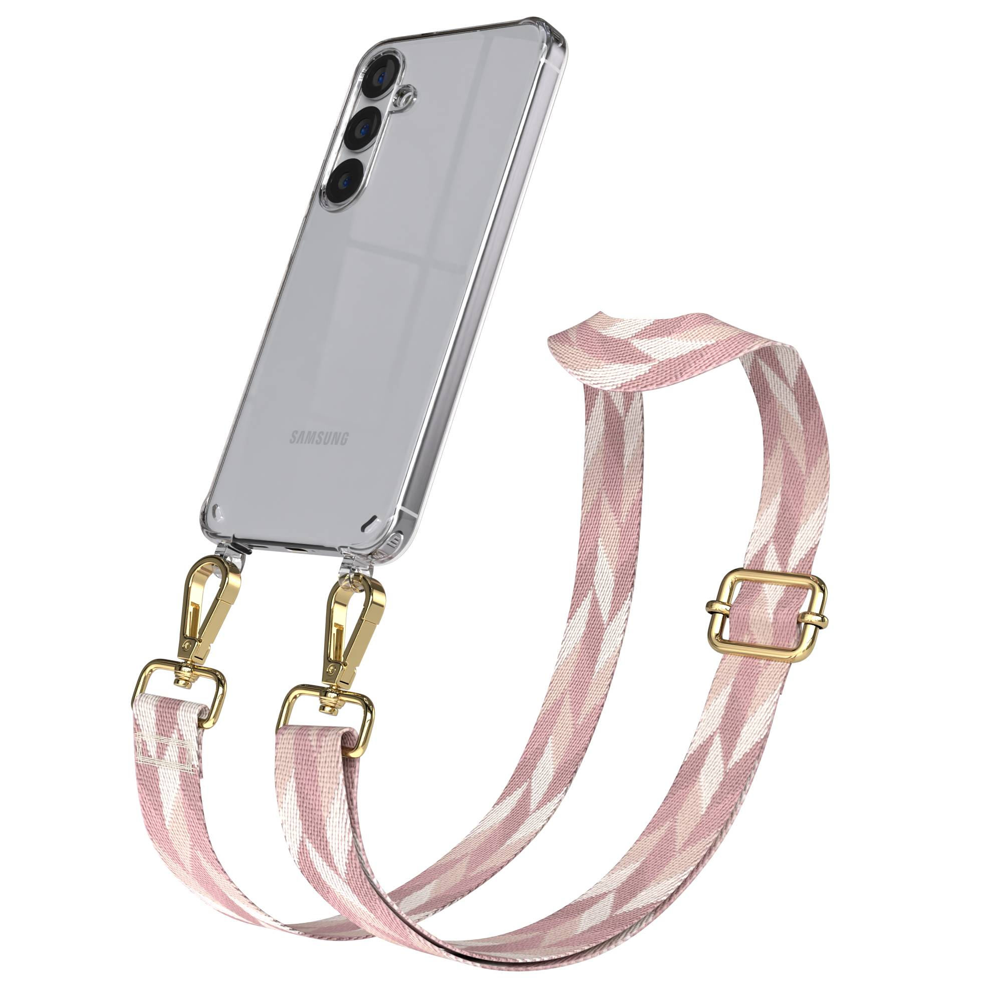 Eine durchsichtige Handyhülle mit einem pink-weiß gemusterten Gurt und goldener Hardware.
