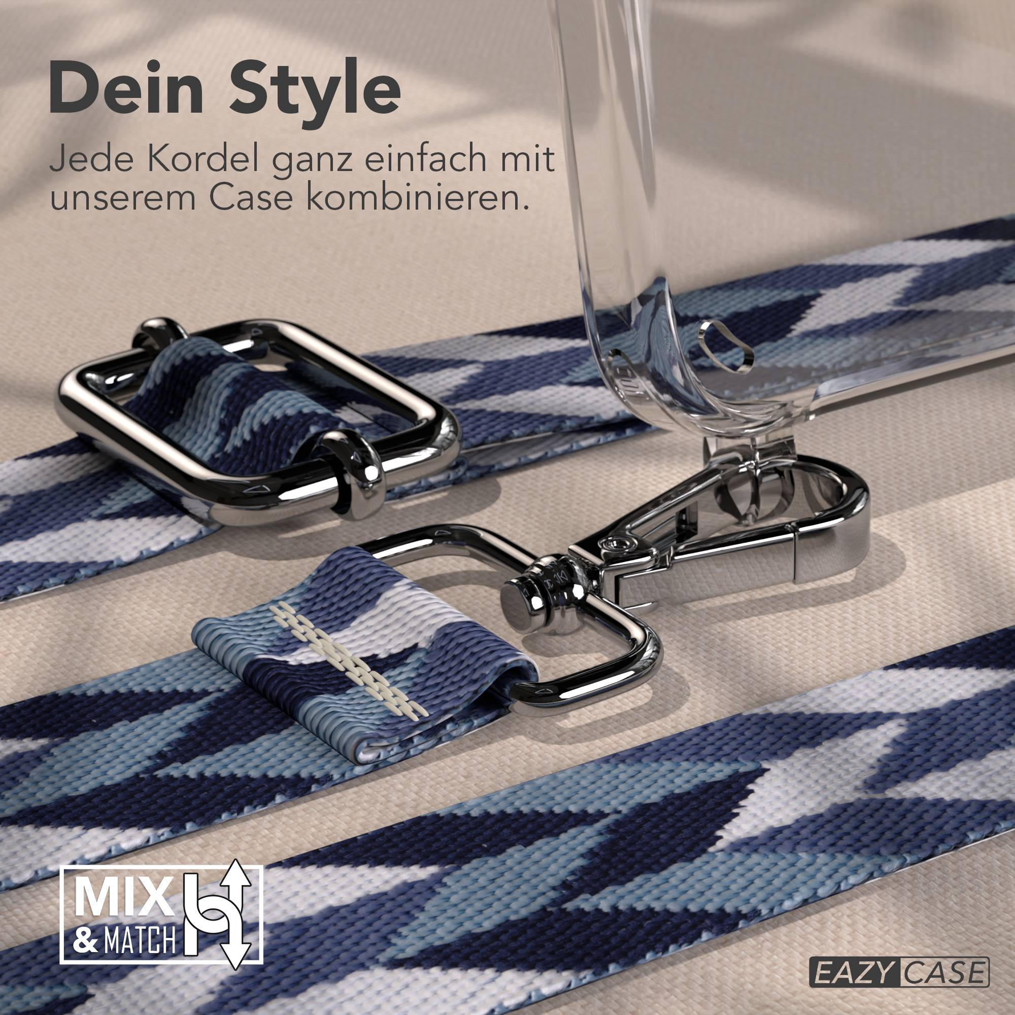 Ein Handy-Lanyard mit blau-weißem Muster und silbernen Beschlägen.