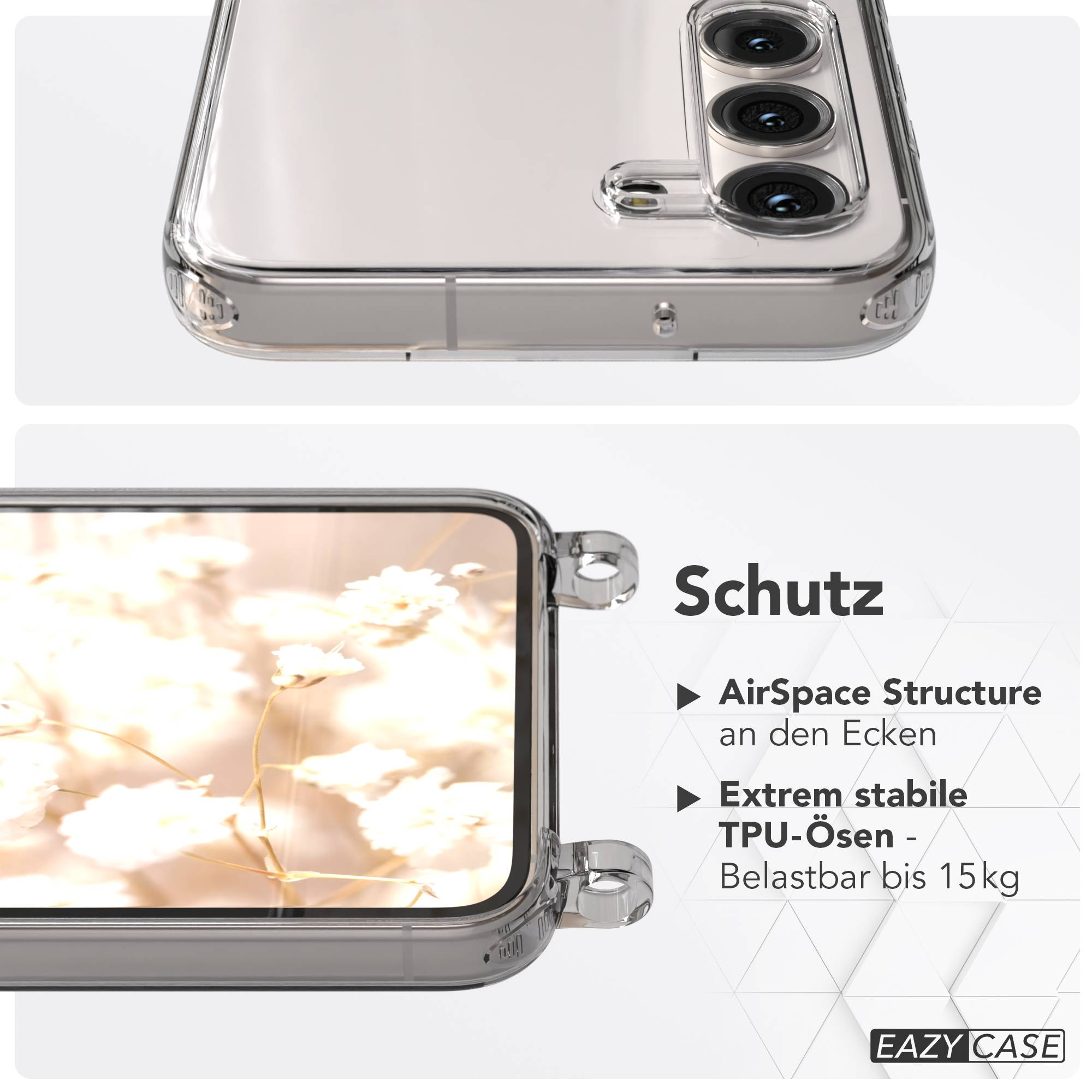 Transparente Handyhülle mit Kameraansicht und floralem Muster. "Schutz" mit Details.