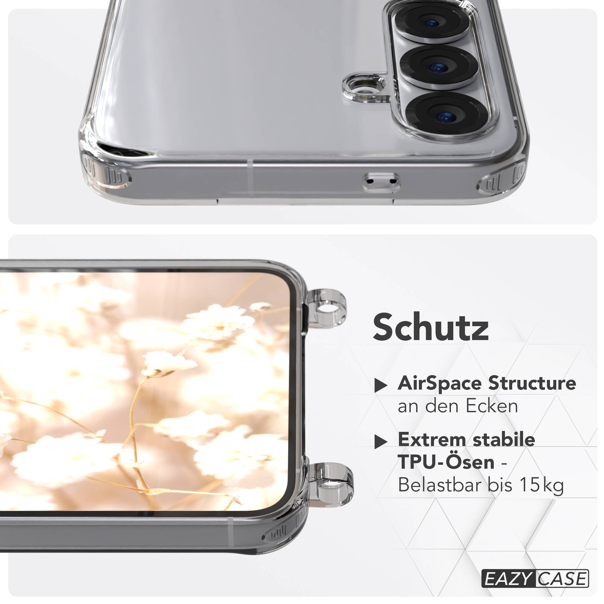Transparente Handyhülle mit Fokus auf Ecken und Ösen.