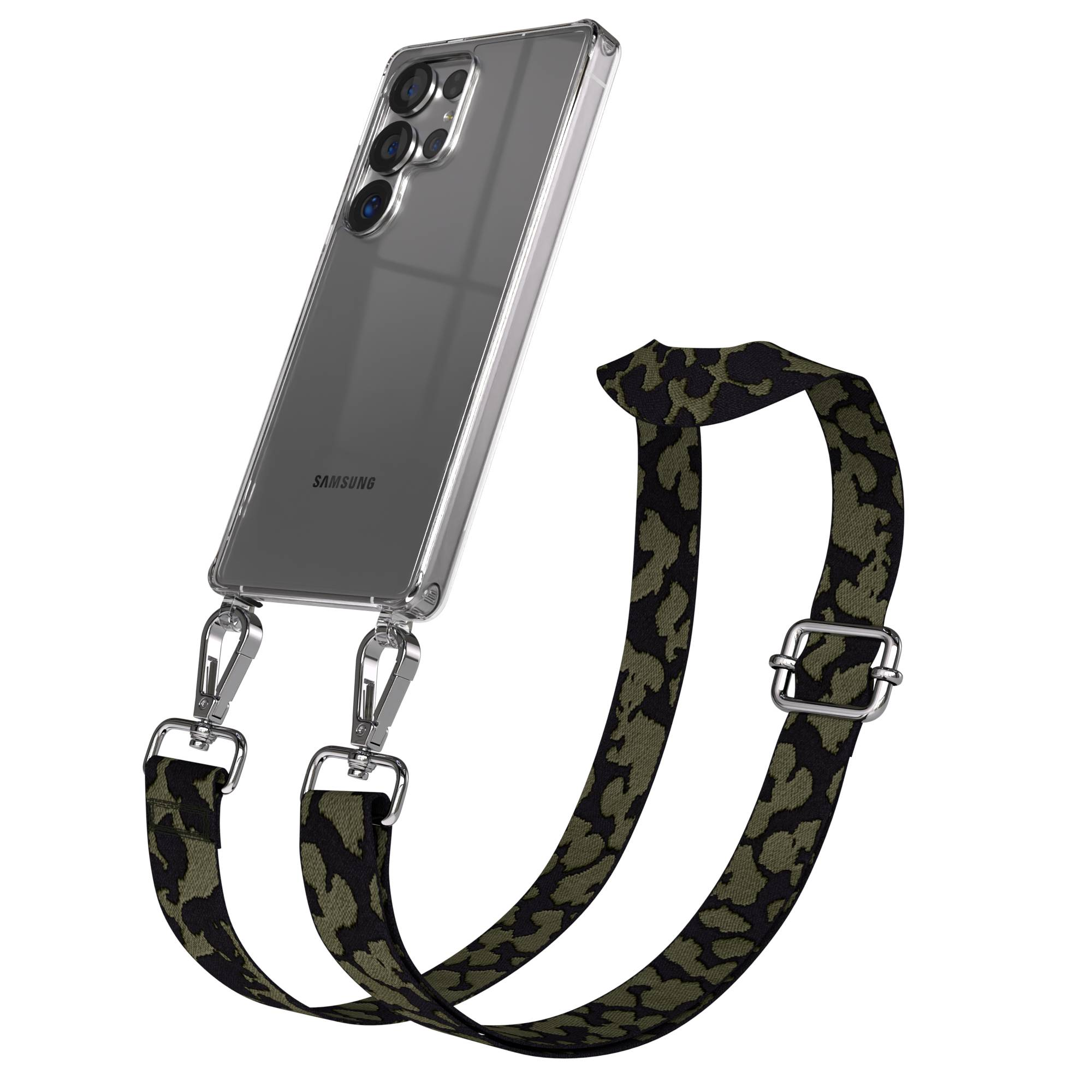 Transparente Handyhülle mit Tarnmuster-Lanyard, an silbernen Clips auf weißem Hintergrund befestigt.
