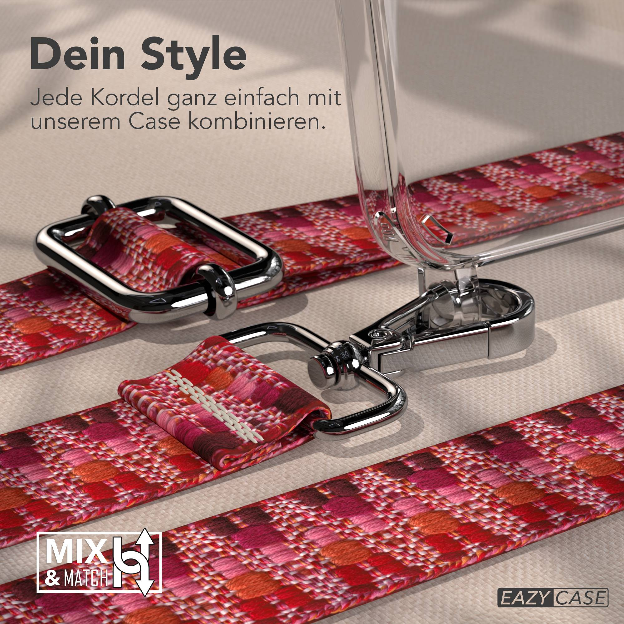 Rot-pink gemustertes Band mit Chromverschlüssen, befestigt an einer klaren Handyhülle.