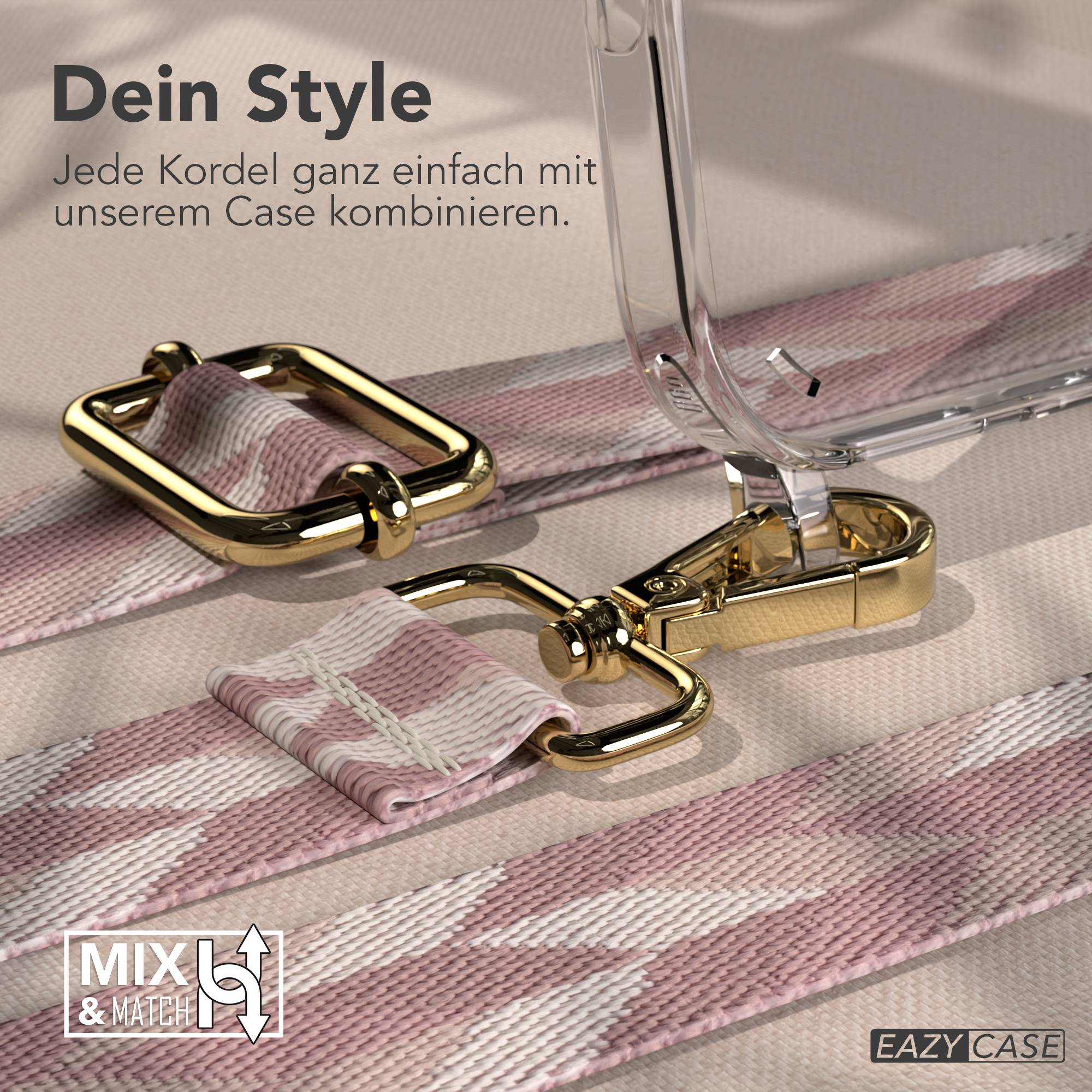 Goldene Verschlüsse verbinden ein rosa-weiß gemustertes Band mit einer klaren Handyhülle.