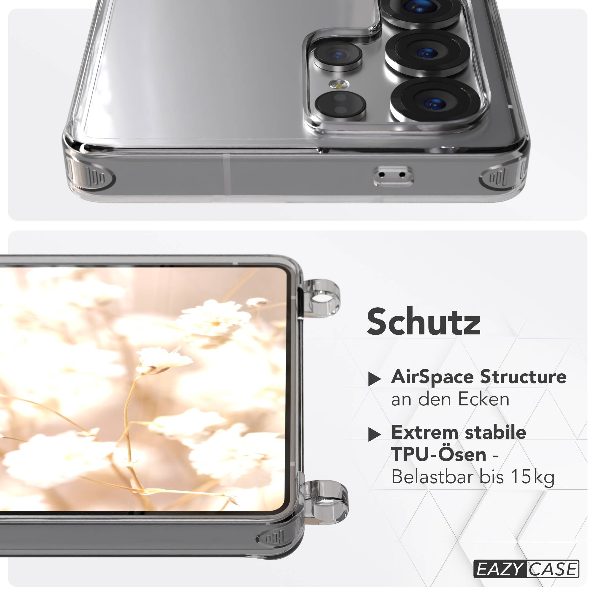 Transparente Handyhülle mit Kameraschutz und Blumenmuster auf dem Bildschirm.