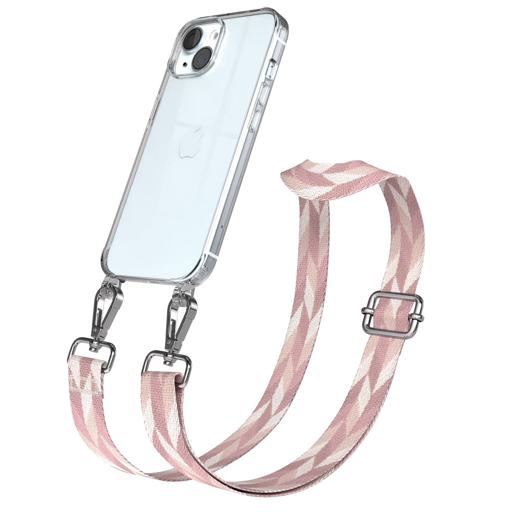 Transparente Handyhülle mit einem Band mit pinkem Zickzackmuster.