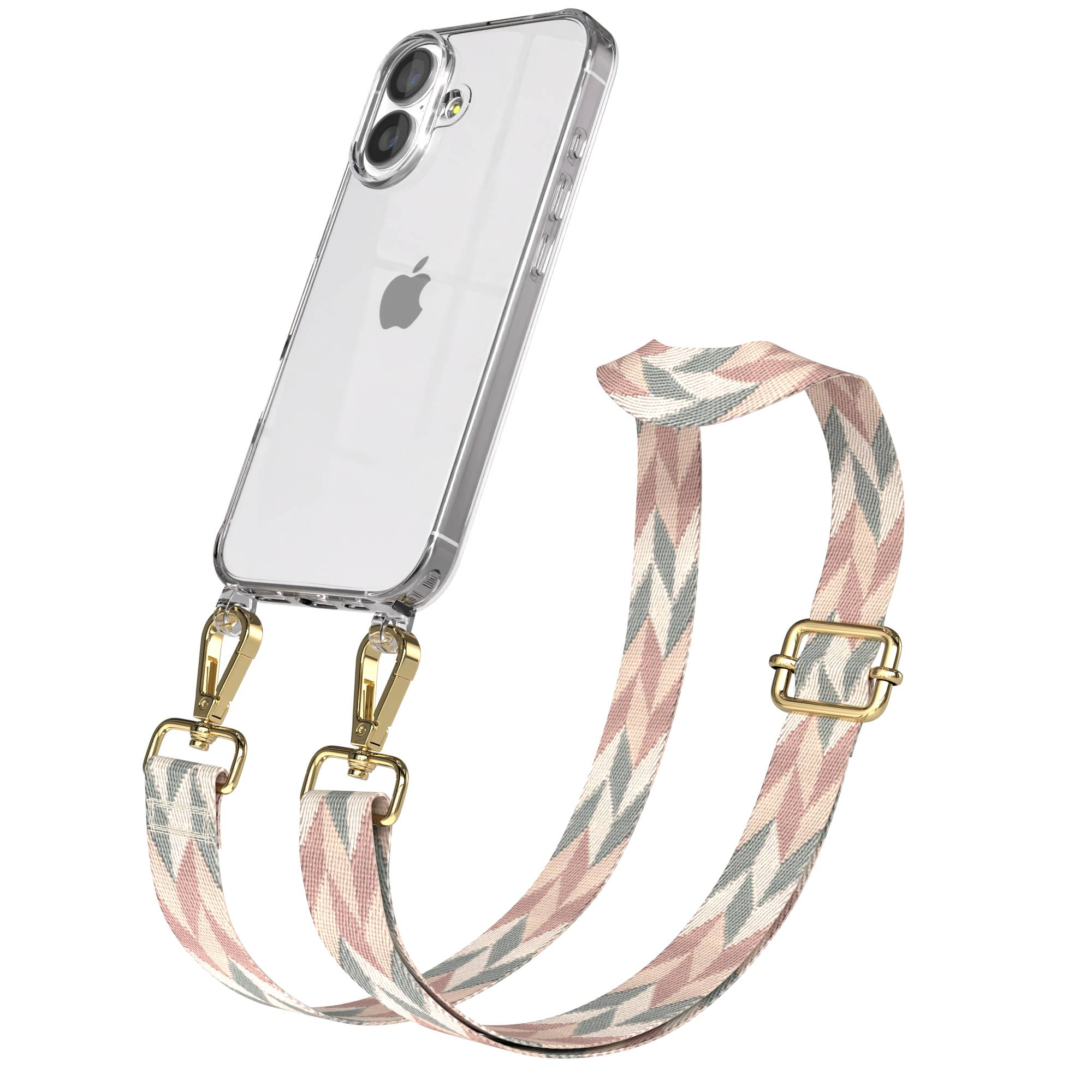 Ein durchsichtiges iPhone mit einem gemusterten Band in Rosa, Grau und Weiß.