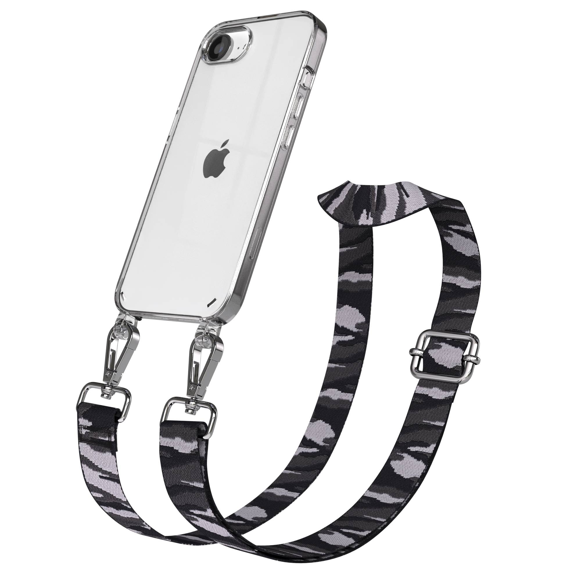 Ein durchsichtiges iPhone mit Tarnmuster-Trageriemen und silbernen Schnallen.