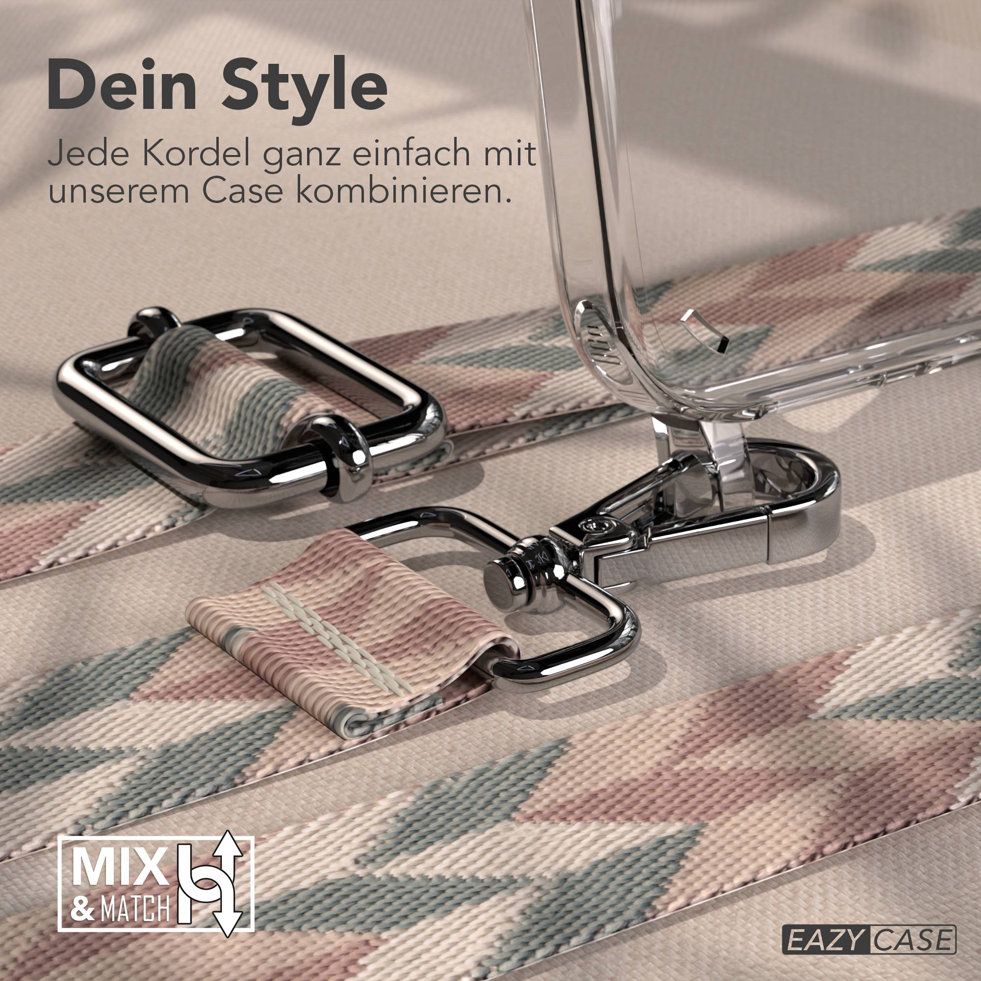 Ein transparentes Handyhülle mit einem farbenfrohen, geometrischen Band und silbernen Beschlägen.