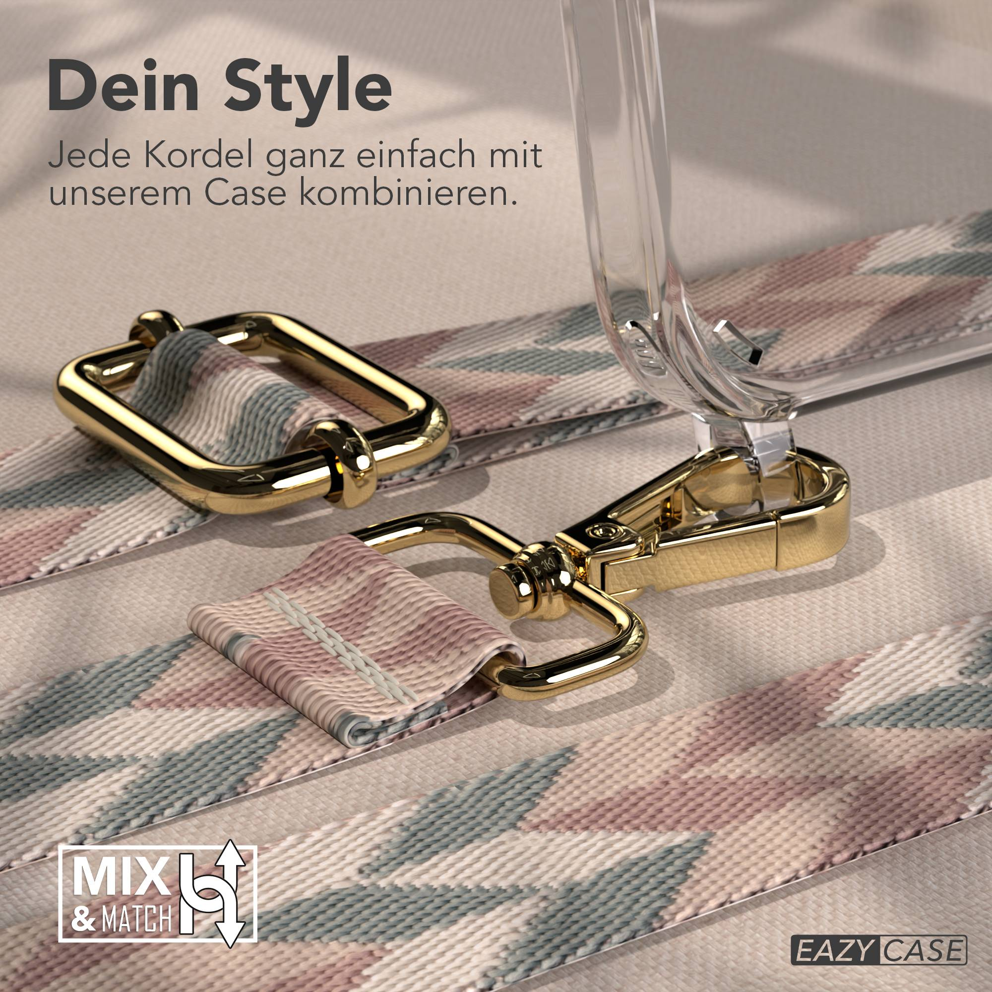 Goldene Karabinerhaken und eine Kordel mit geometrischem Muster.