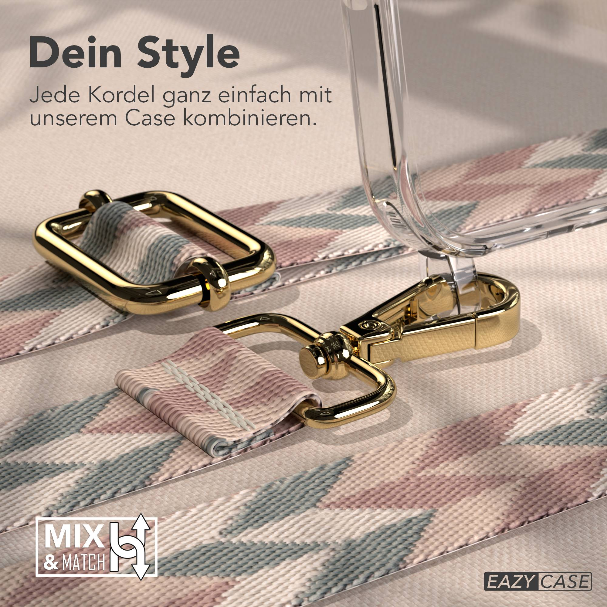 Goldene Beschläge an gemustertem Gurt und klarer Handyhülle. Mix & Match Text.